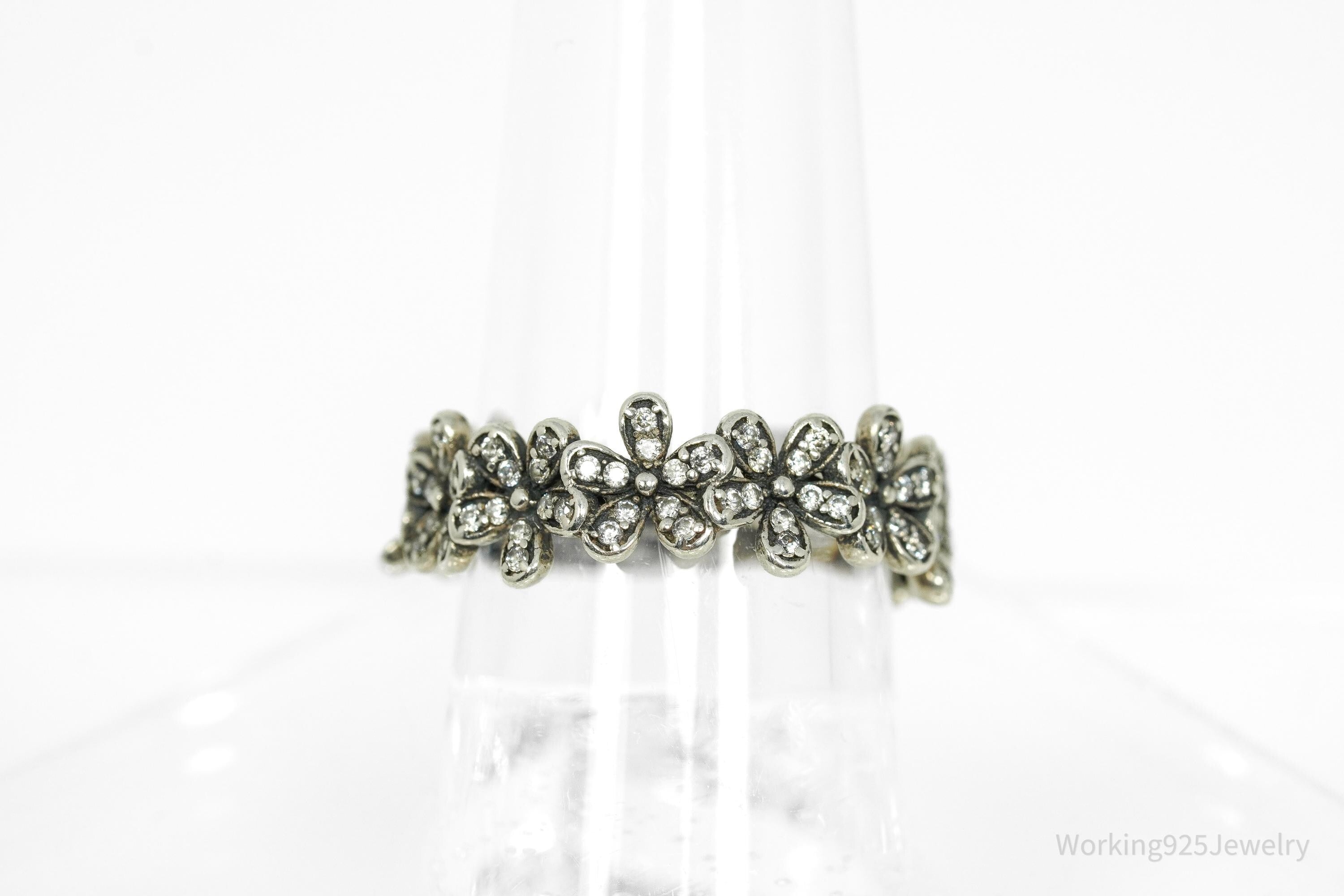 Cubic Zirconia Daisies Sterling Silver Ring - Size 6.25