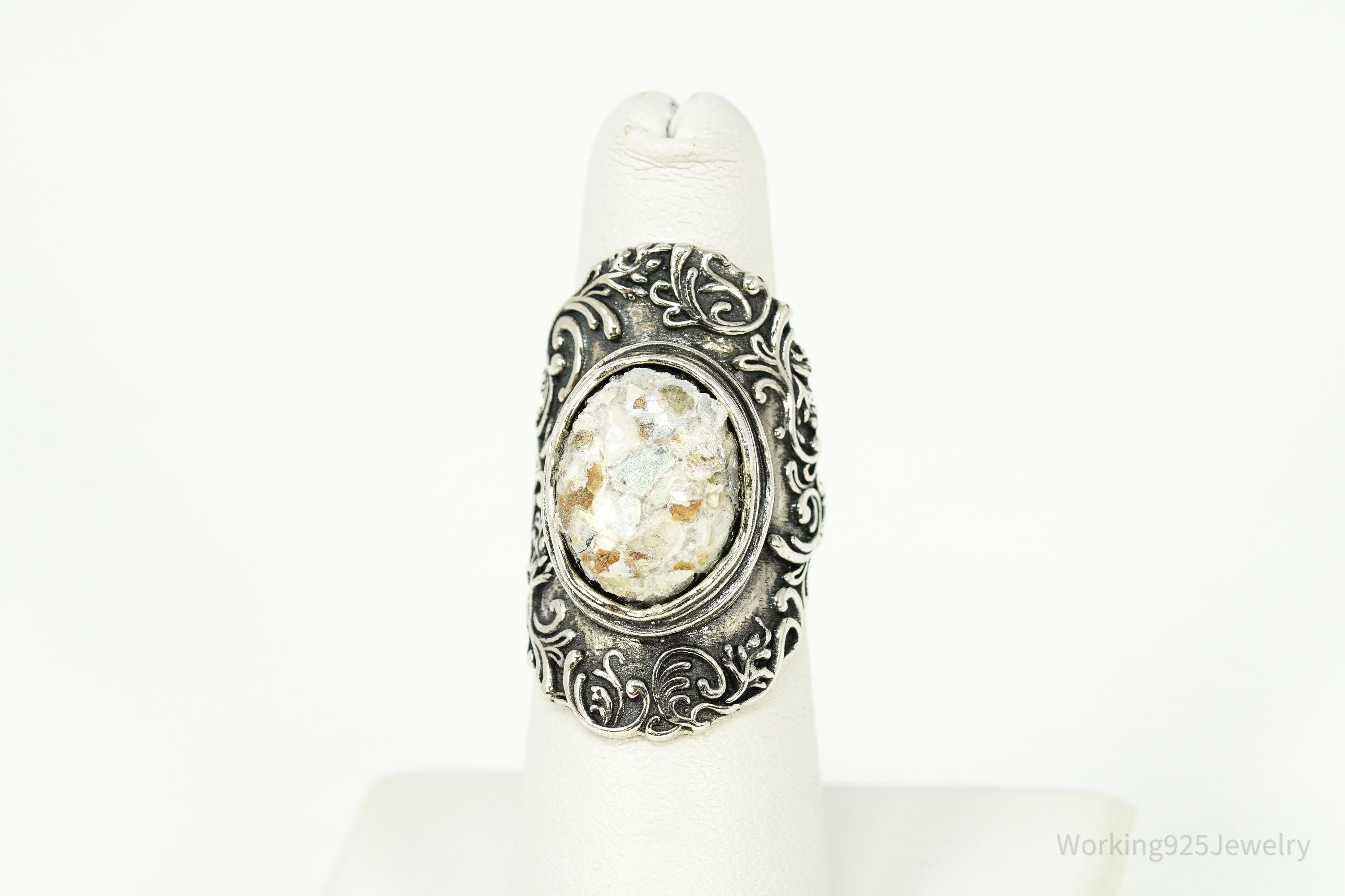 Vintage Israel Or Paz PZ Roman Glass Sterling Silver Ring - Size 6.25