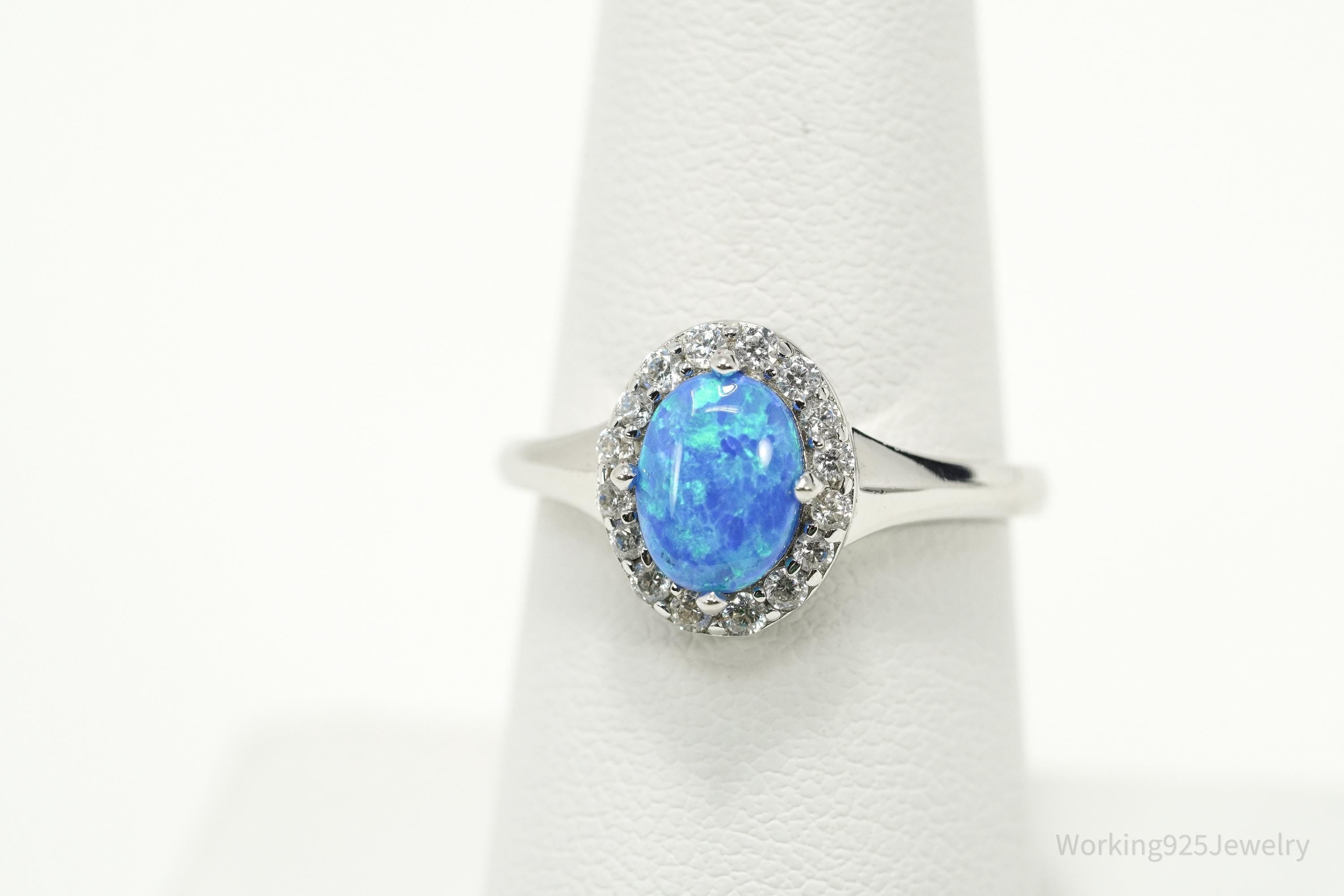 Vintage Opal & Cubic Zirconia Sterling Silver Ring - Size 7