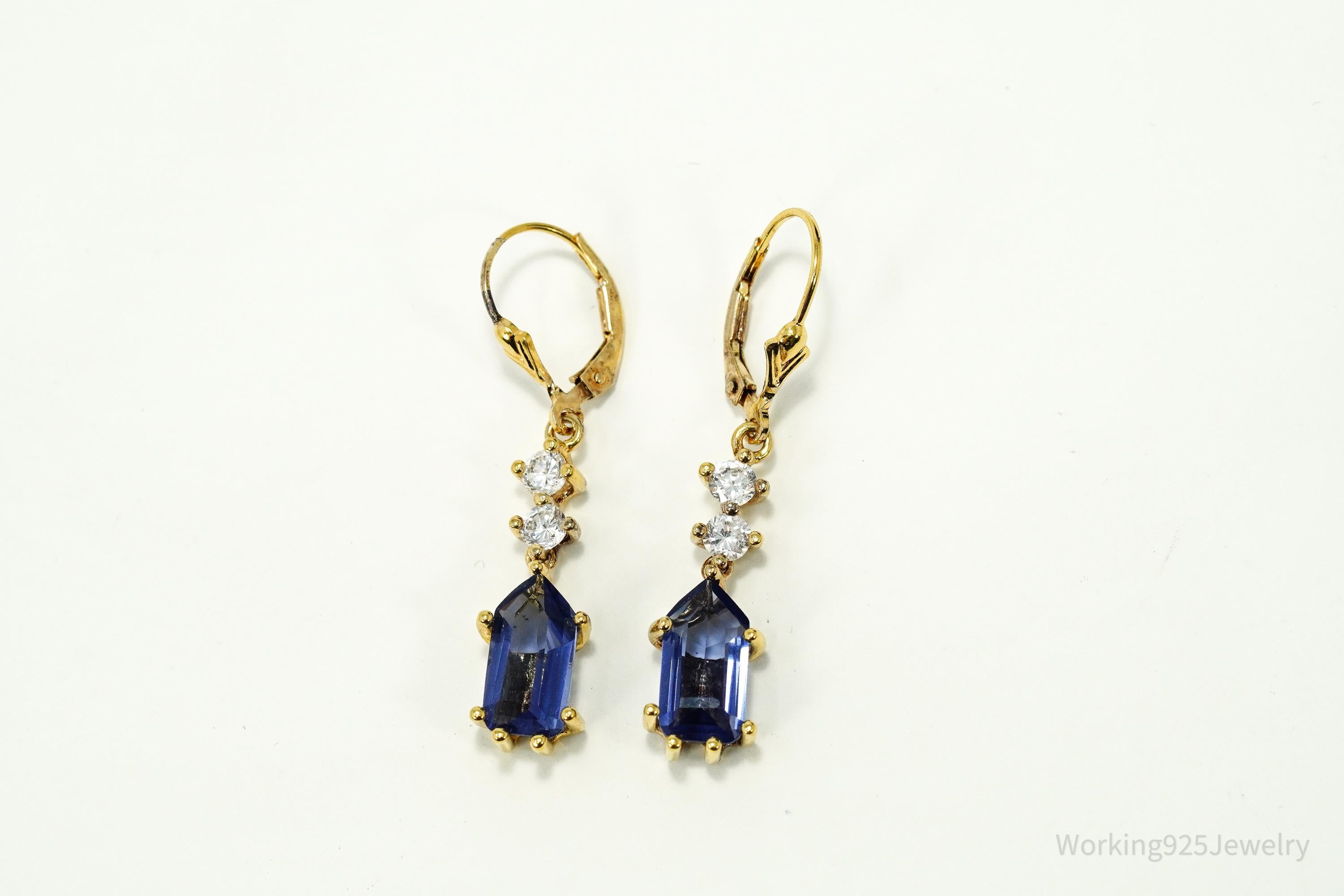 Vintage Lab Created Tanzanite & Cubic Zirconia Gold Vermeil Sterling Silver Earrings