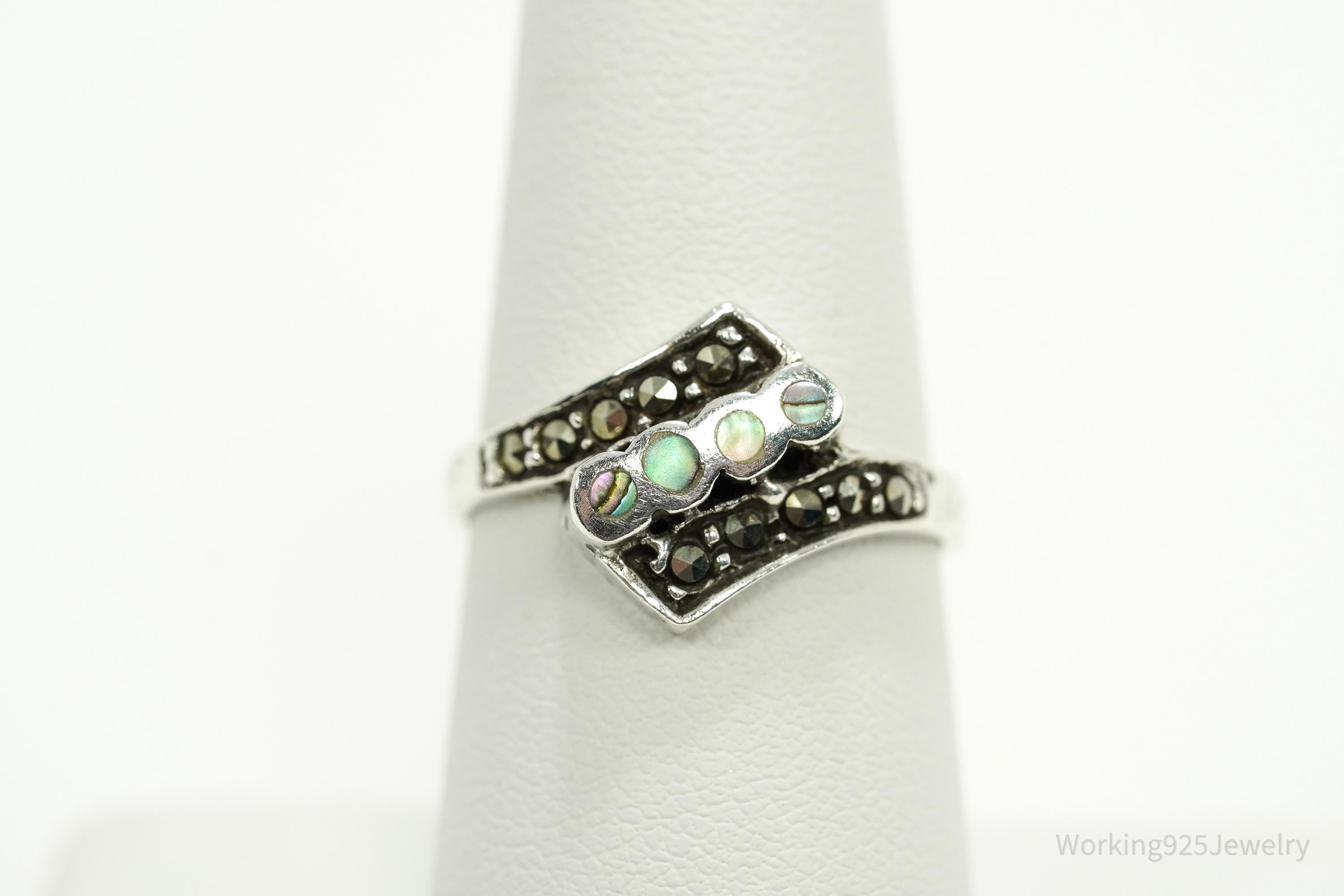 Vintage Paua Abalone Shell Inlay & Marcasite Sterling Silver Ring - Size 8
