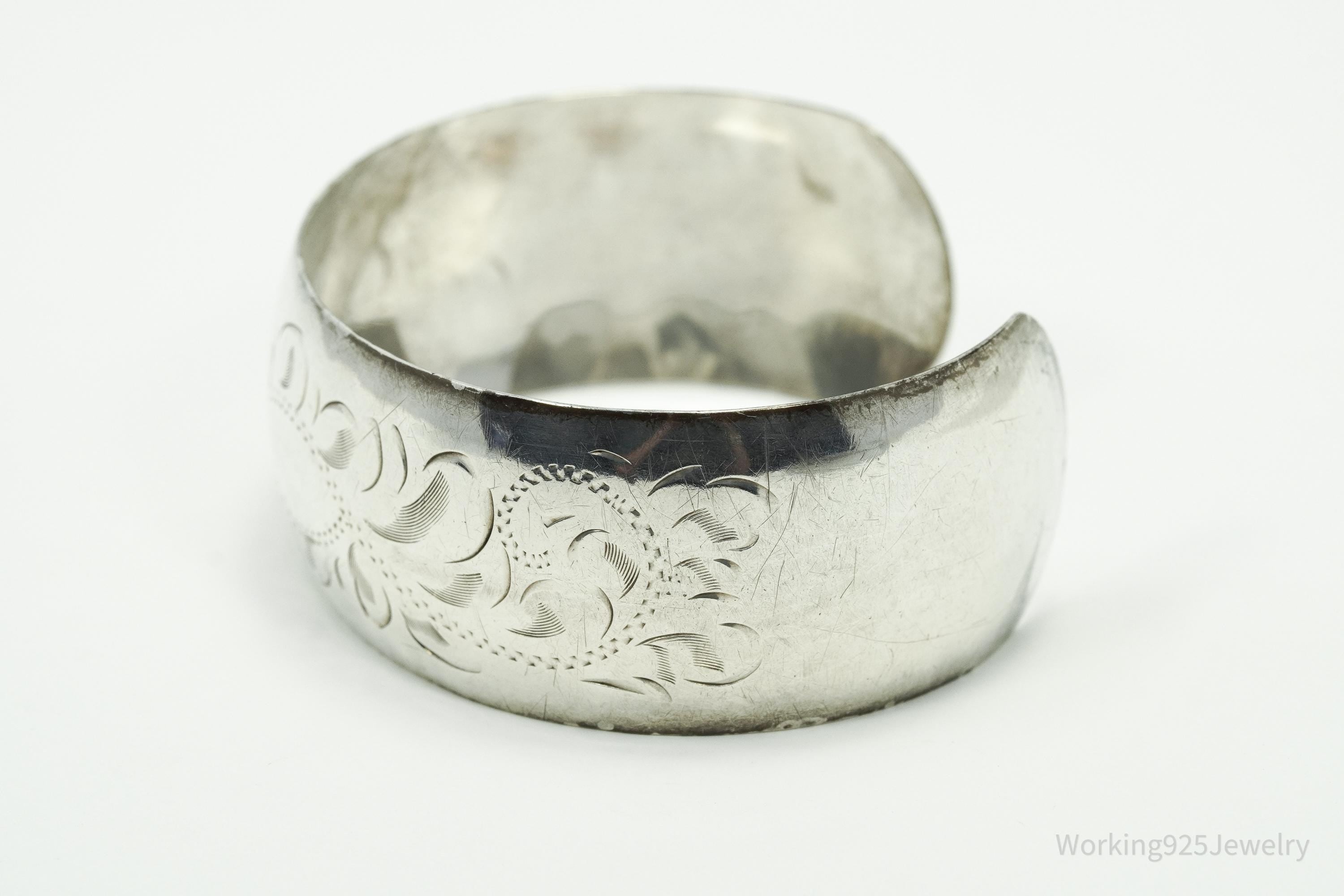 Antique Art Nouveau Floral Etched Sterling Silver Cuff Bracelet 7.25"