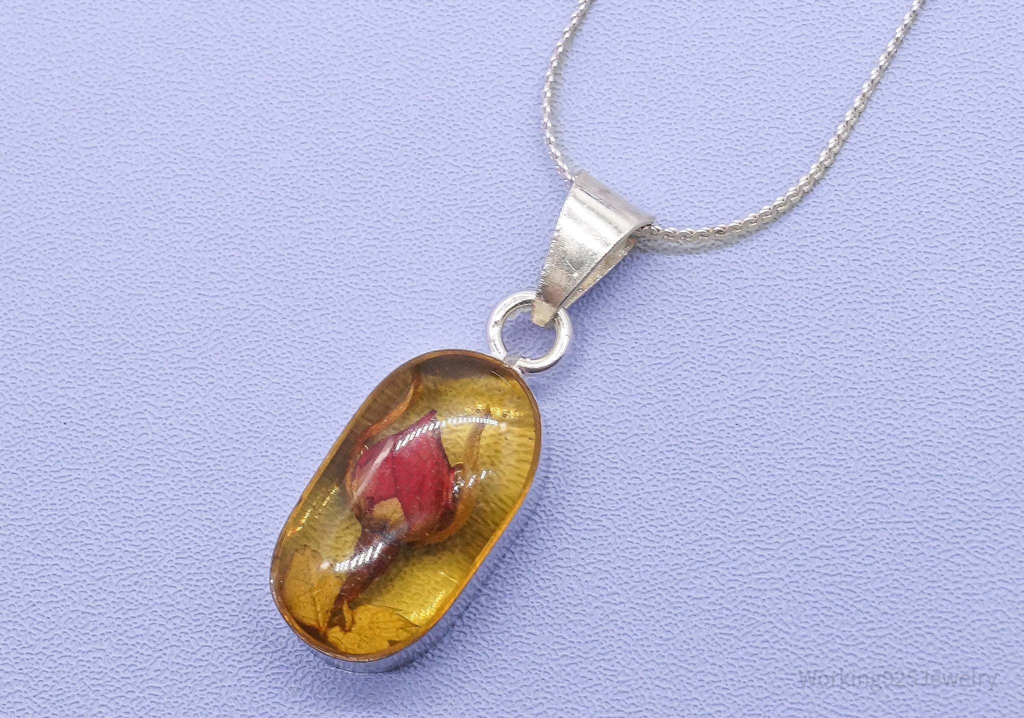 Vintage Resin Dried Flower Sterling Silver Necklace 16"