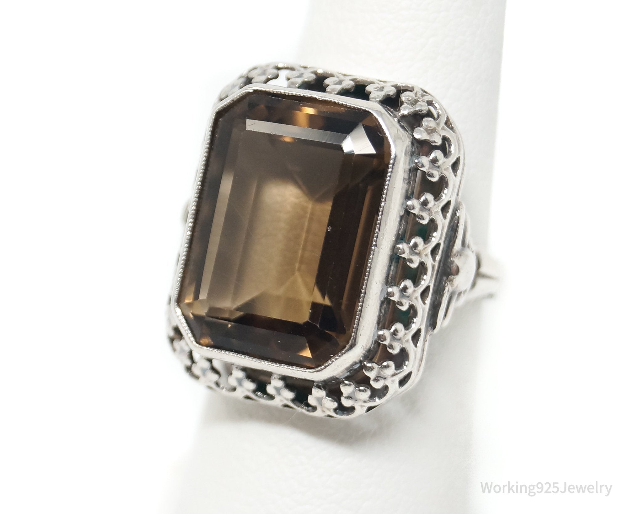 Vintage Large Smoky Topaz 835 Silver Ornate Statement Ring - Sz 6