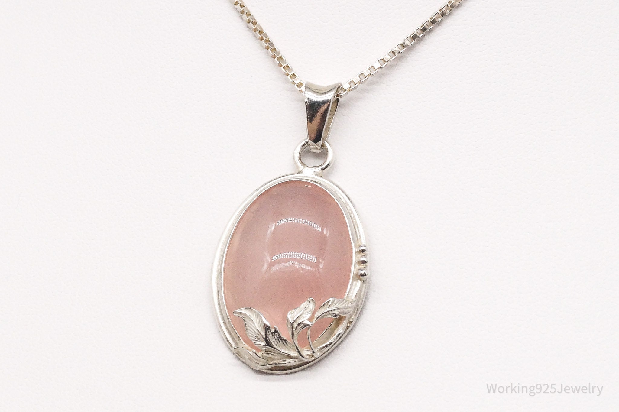 Vintage Large Rose Quartz Sterling Silver Necklace 18"