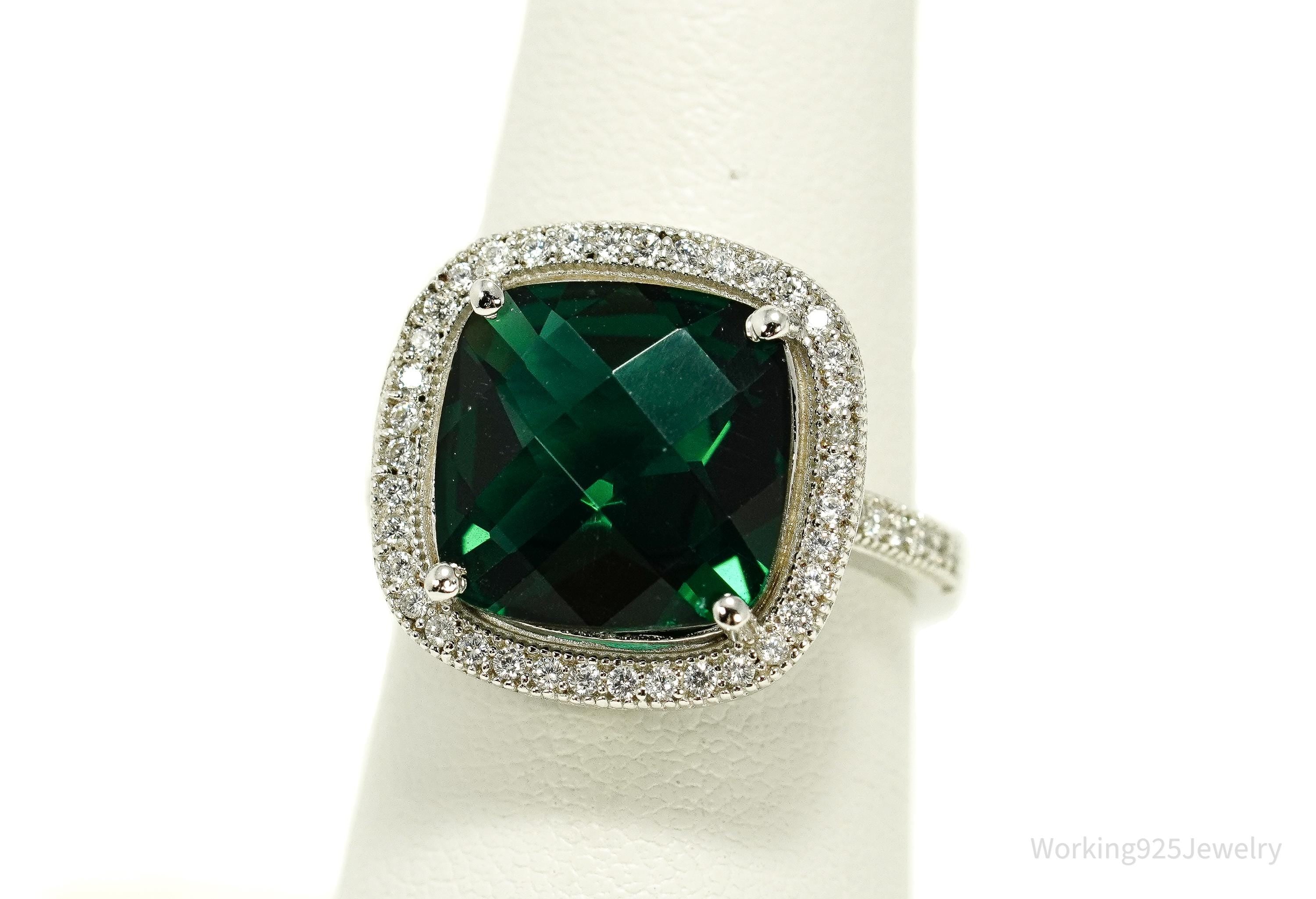 Vintage Faux Emerald & Cubic Zirconia Sterling Silver Ring - Size 7