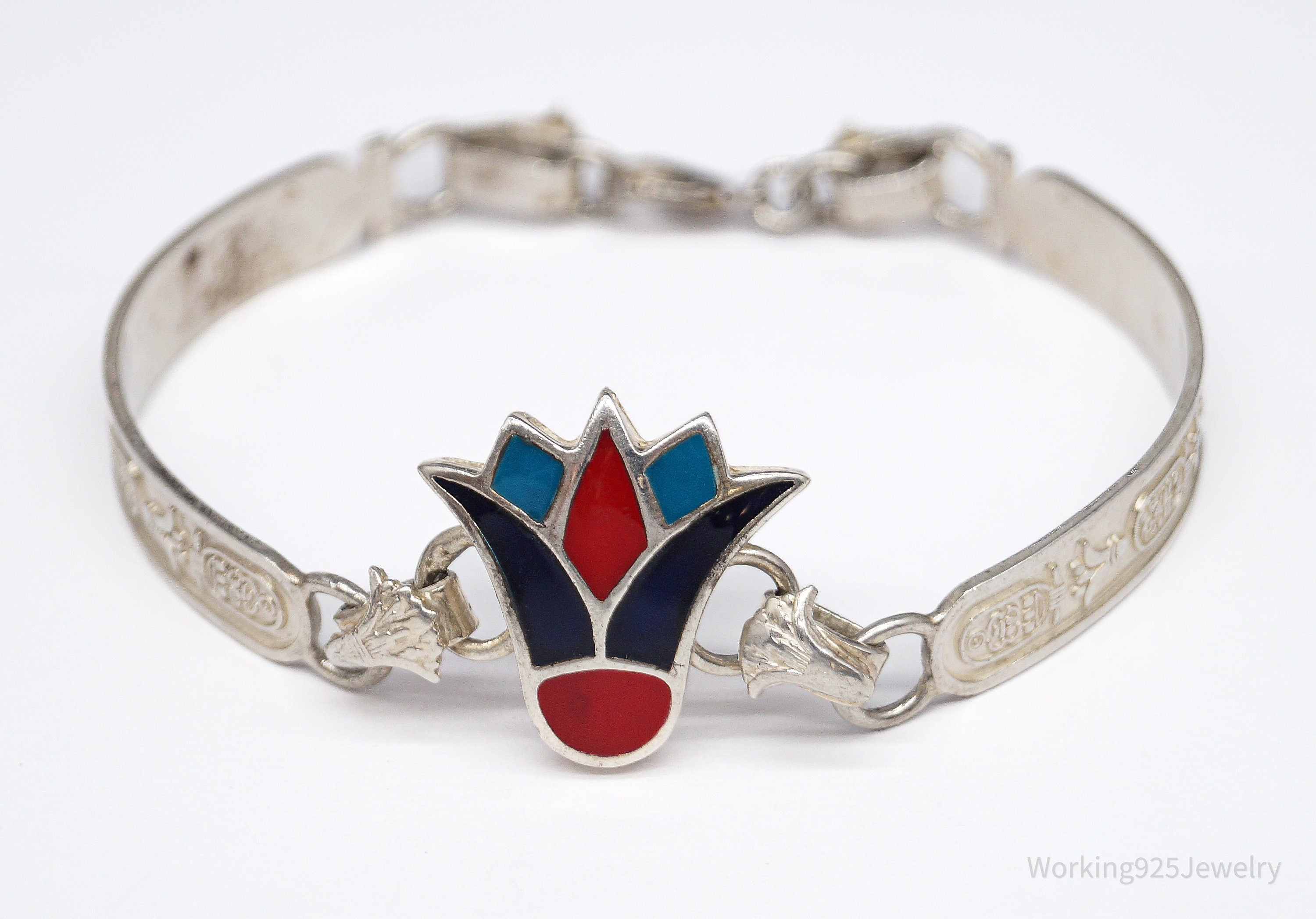 Vintage Egyptian Enamel Lotus & Cartouche Silver Bracelet - 7.25"