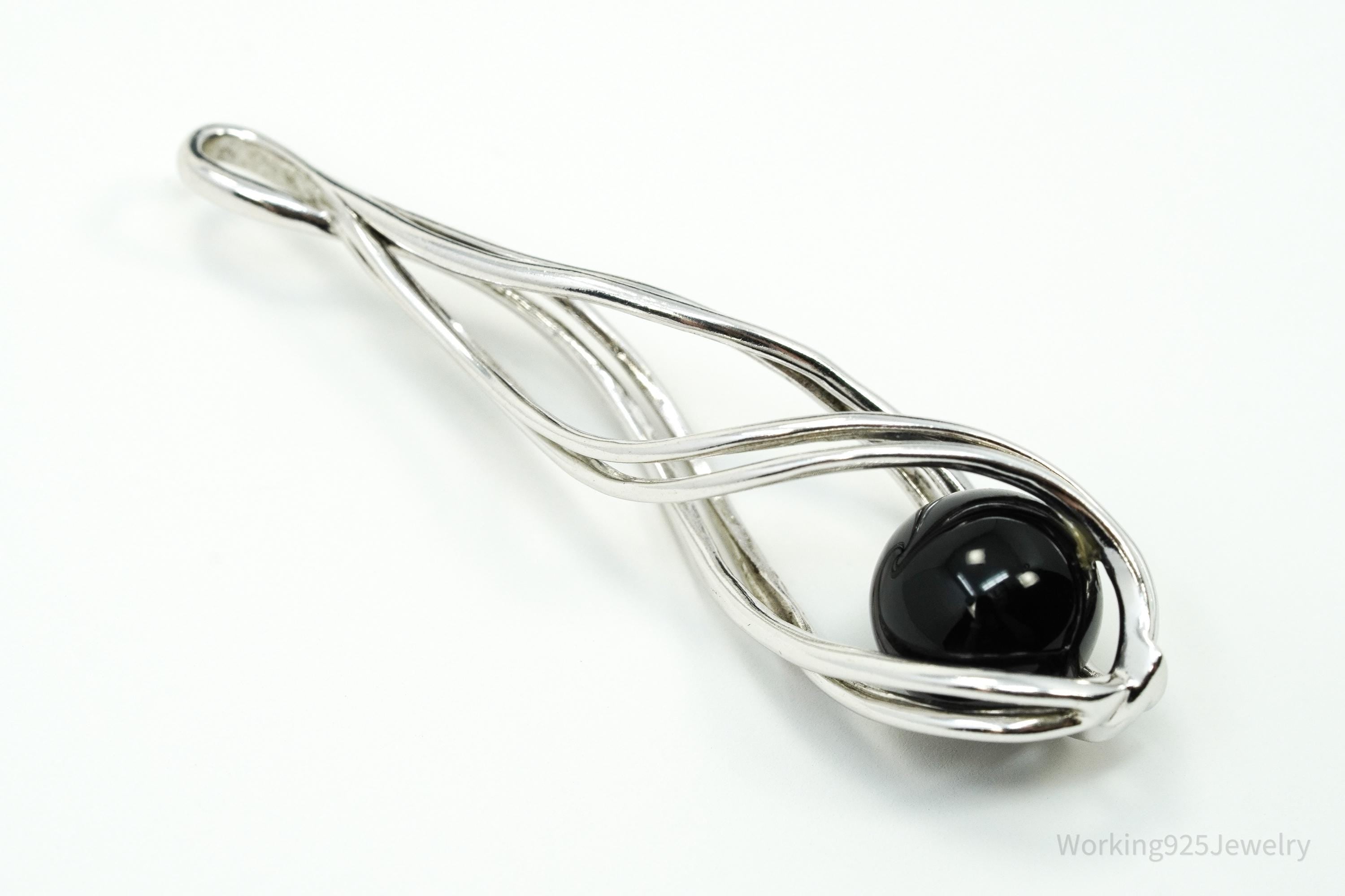 Vintage Designer Spiral Caged Black Onyx Sterling Silver Necklace Pendant