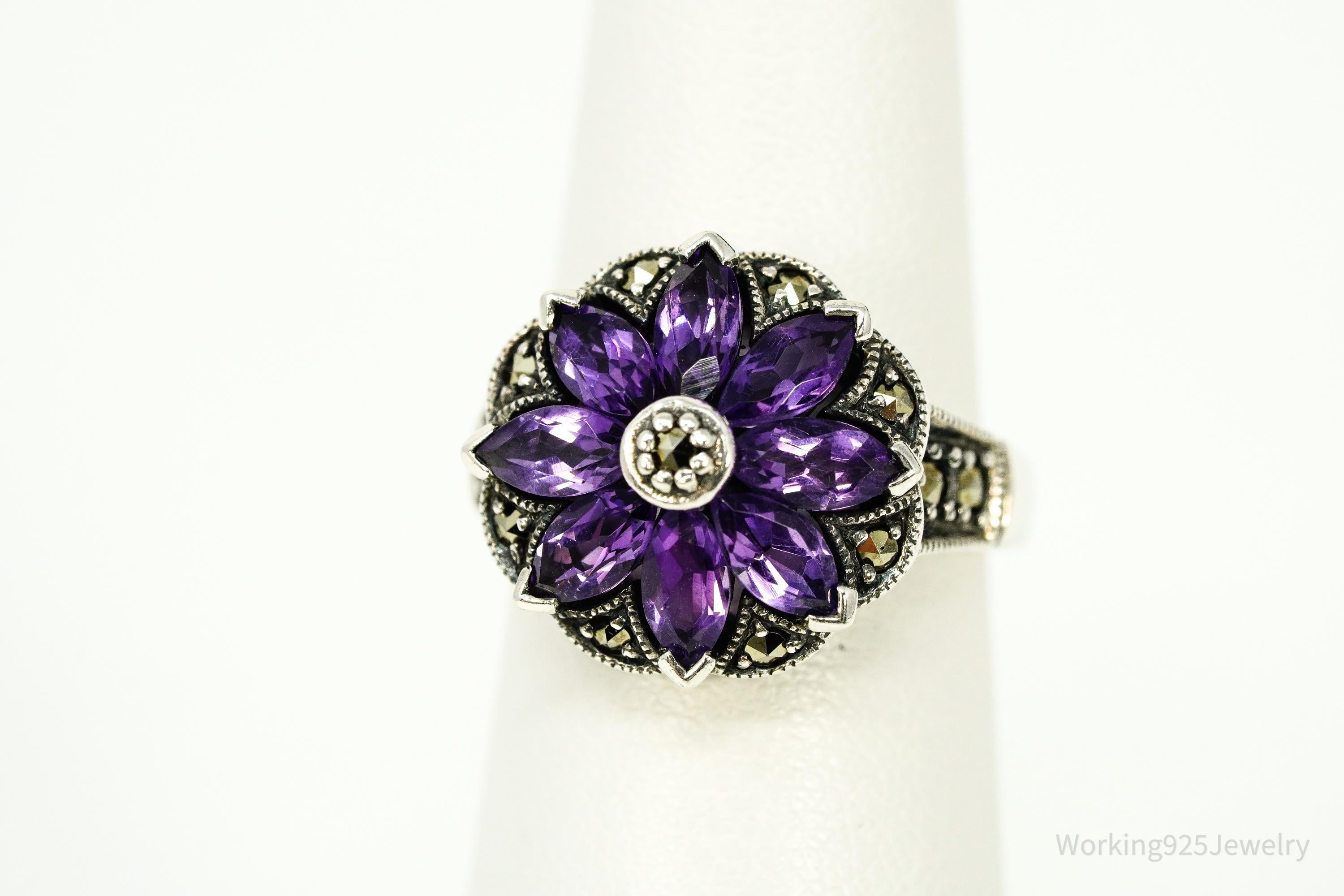 Vintage Amethyst & Marcasite Sterling Silver Ring - Size 6