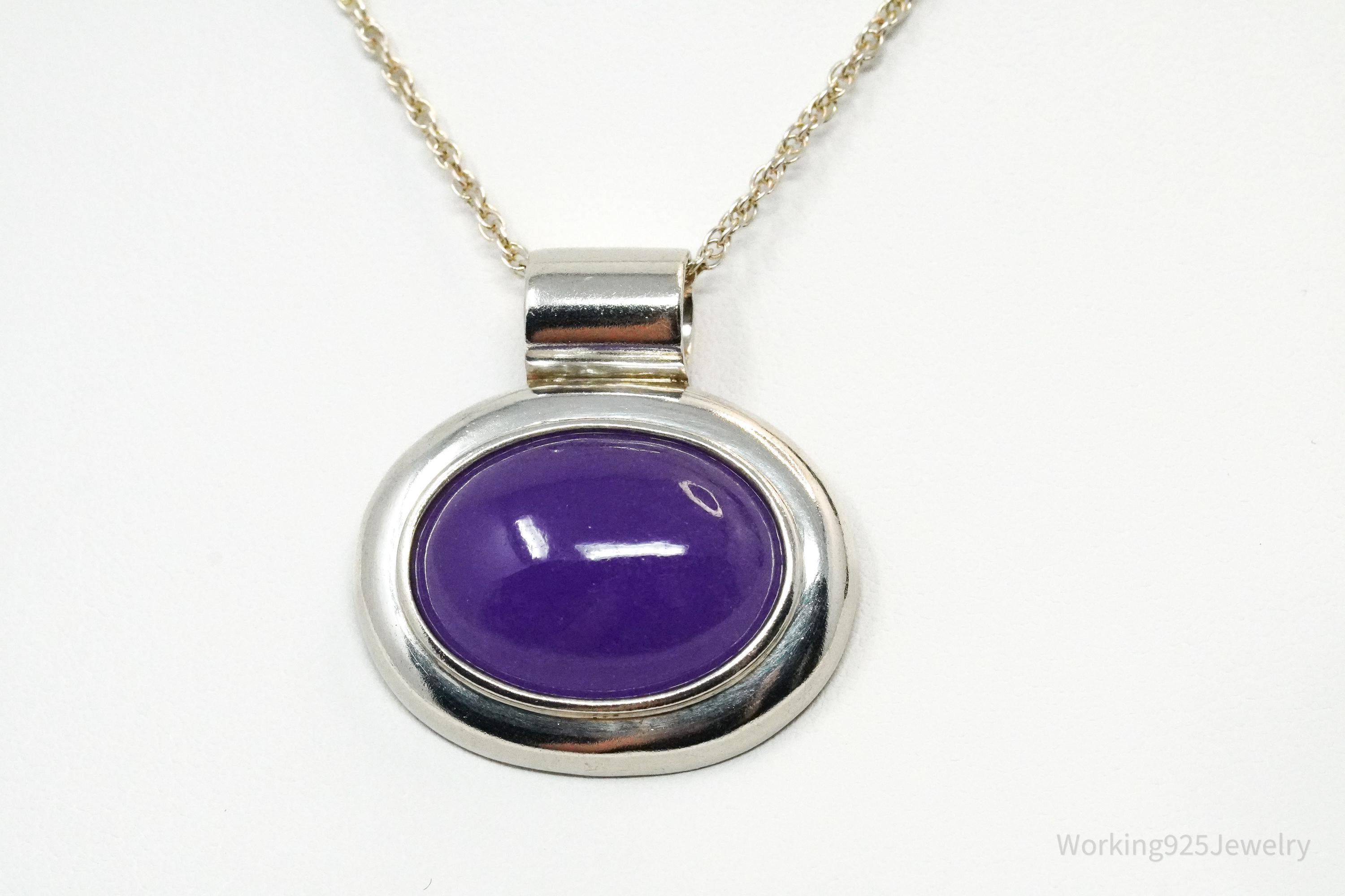 Vintage Purple Jade Sterling Silver Necklace 18"