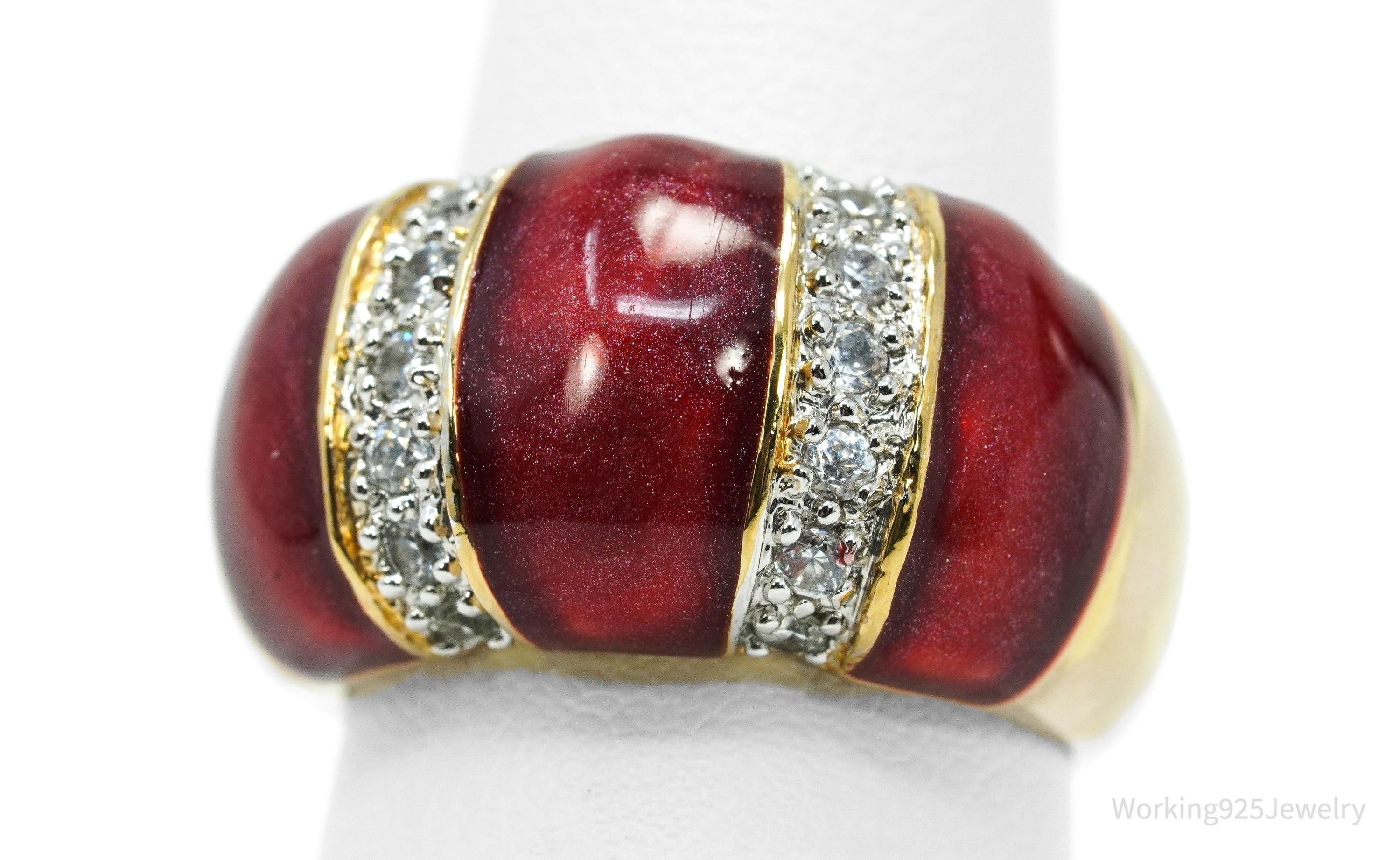 Designer Cubic Zirconia & Red Enamel Gold Over Sterling Silver Ring Size 6.75