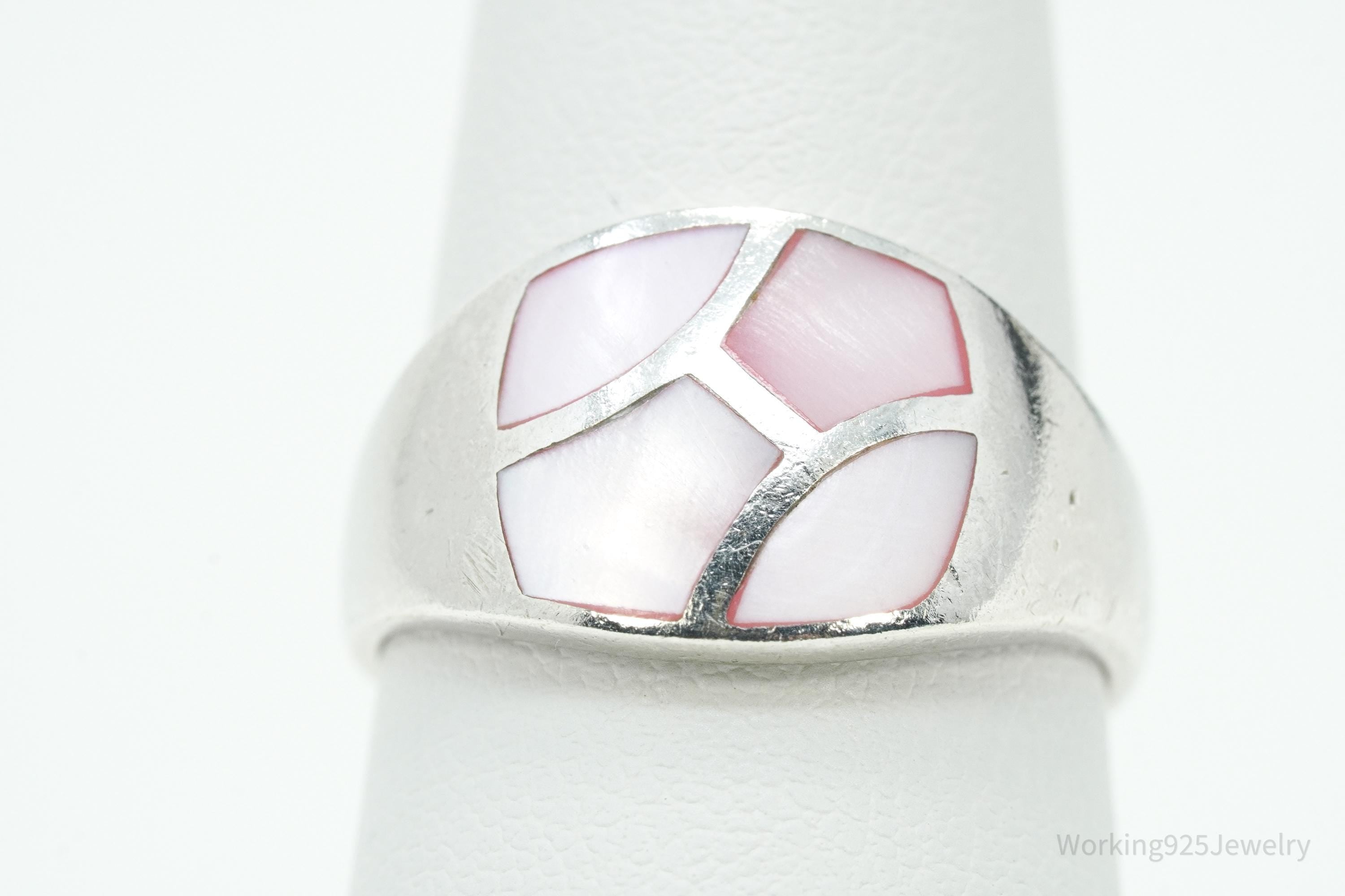 Vintage Pink Mother Of Pearl Inlay Sterling Silver Ring - Size 7.75