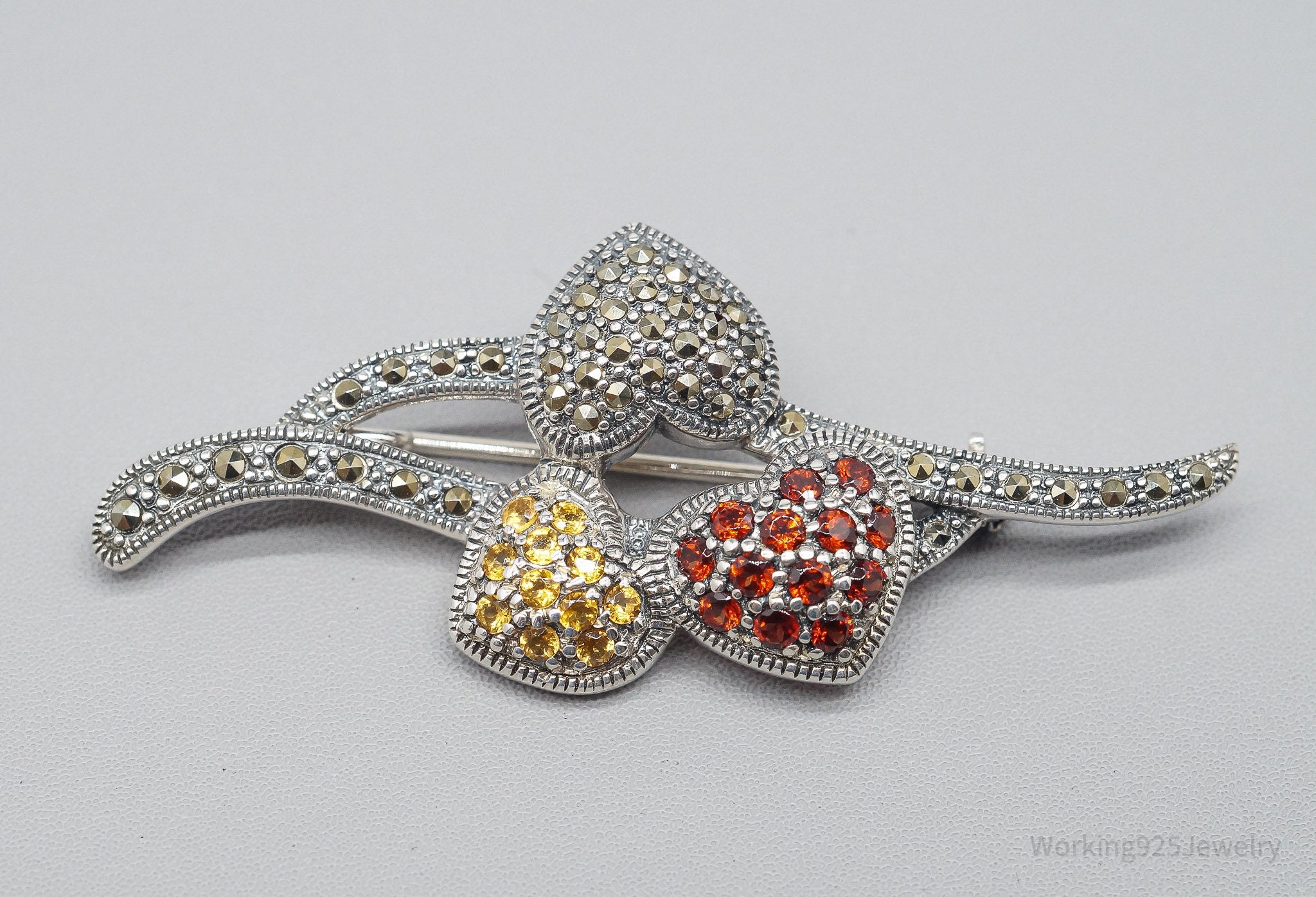 Vintage TJ Garnet Marcasite Citrine Art Deco Hearts Sterling Silver Brooch Pin