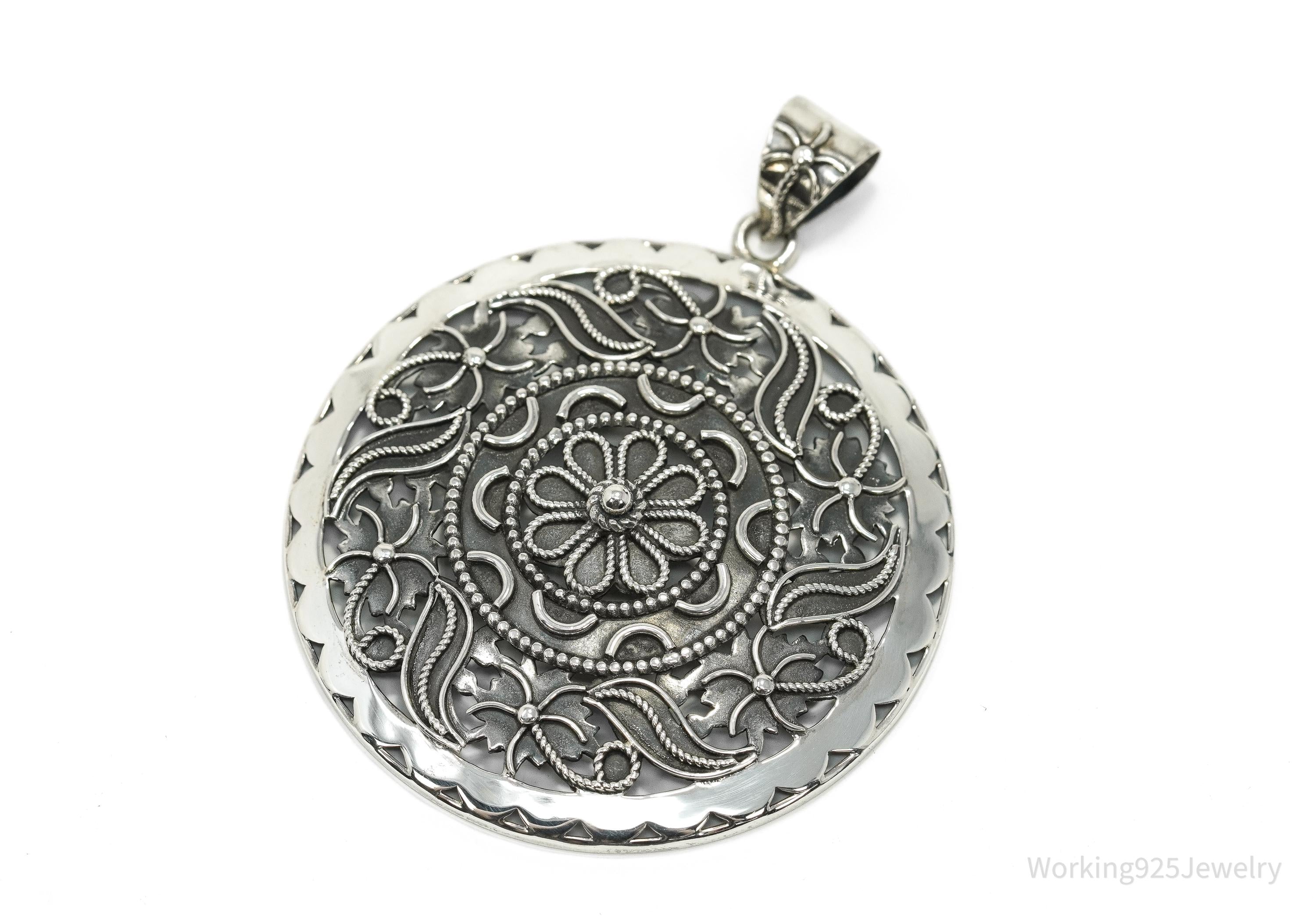 Large Vintage India Designer Doug Paulus Ornate Flower Sterling Silver Pendant