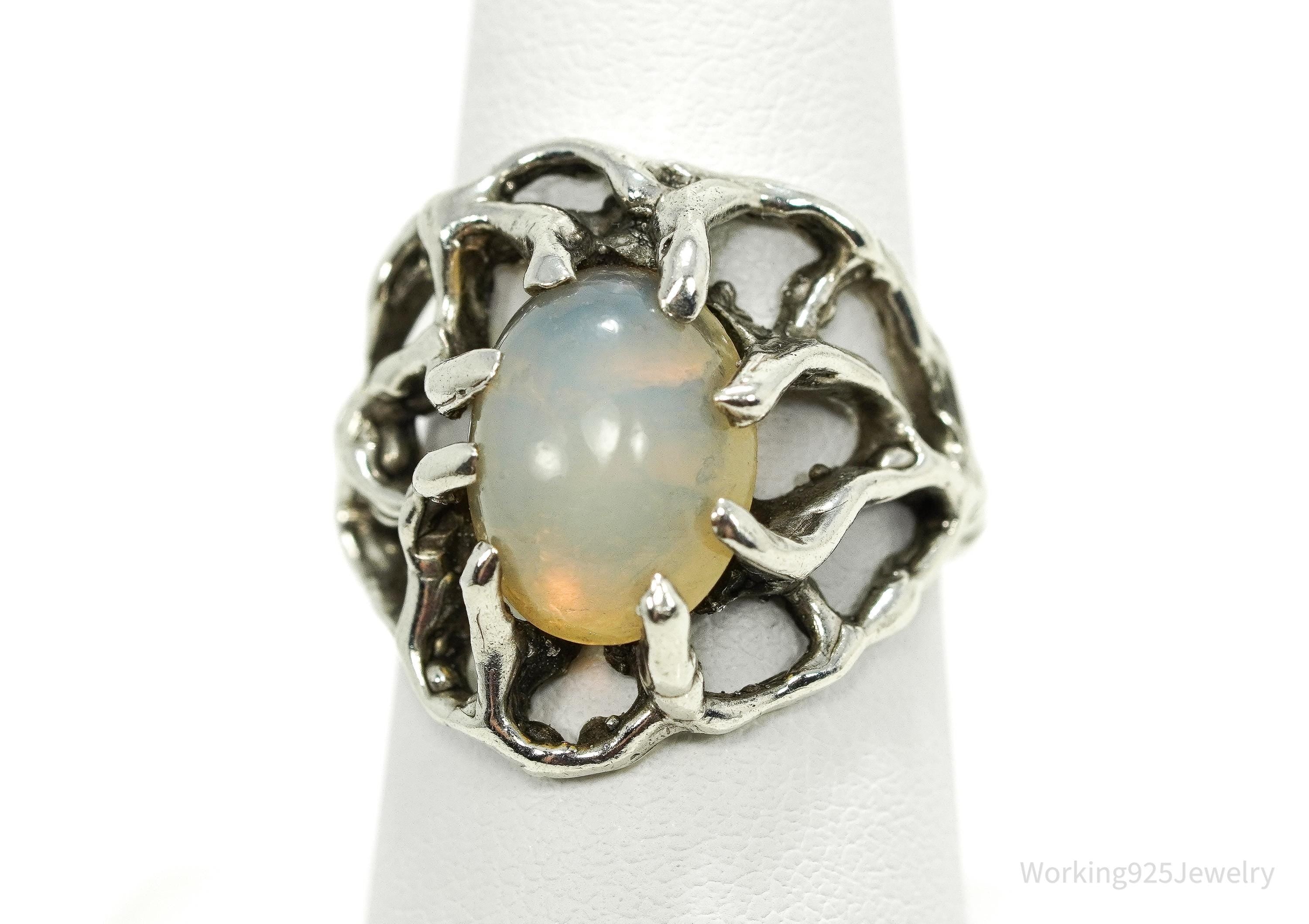 Vintage Opalite Brutalist Style Silver Ring - Size 7.75