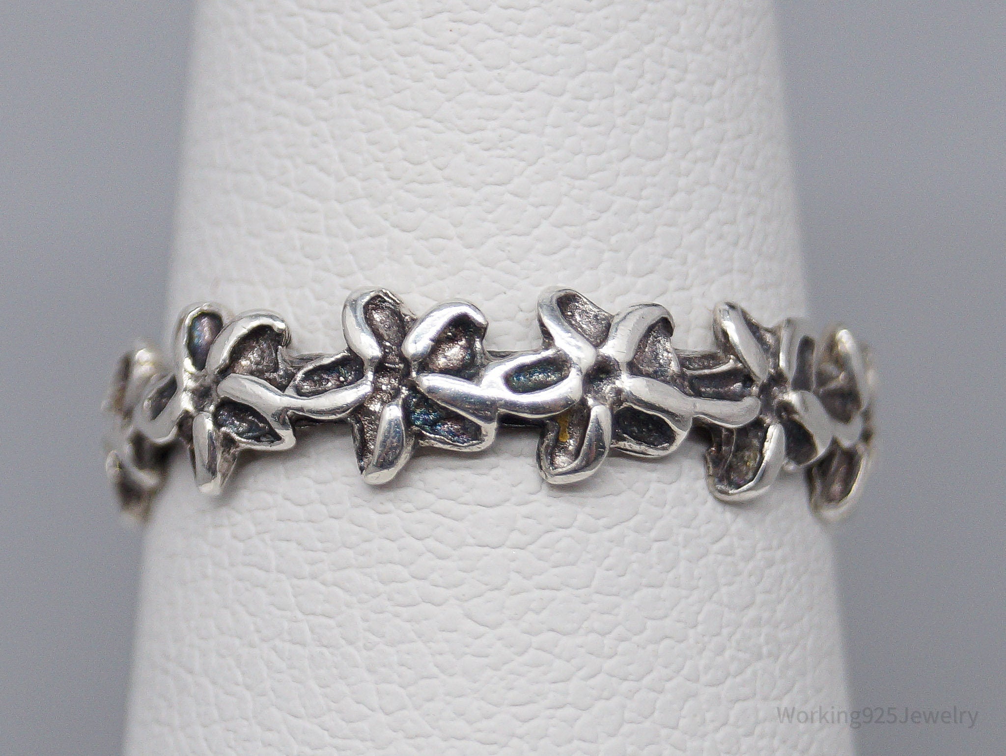 Vintage Flowers Pattern Sterling Silver Band Ring Size 6.75