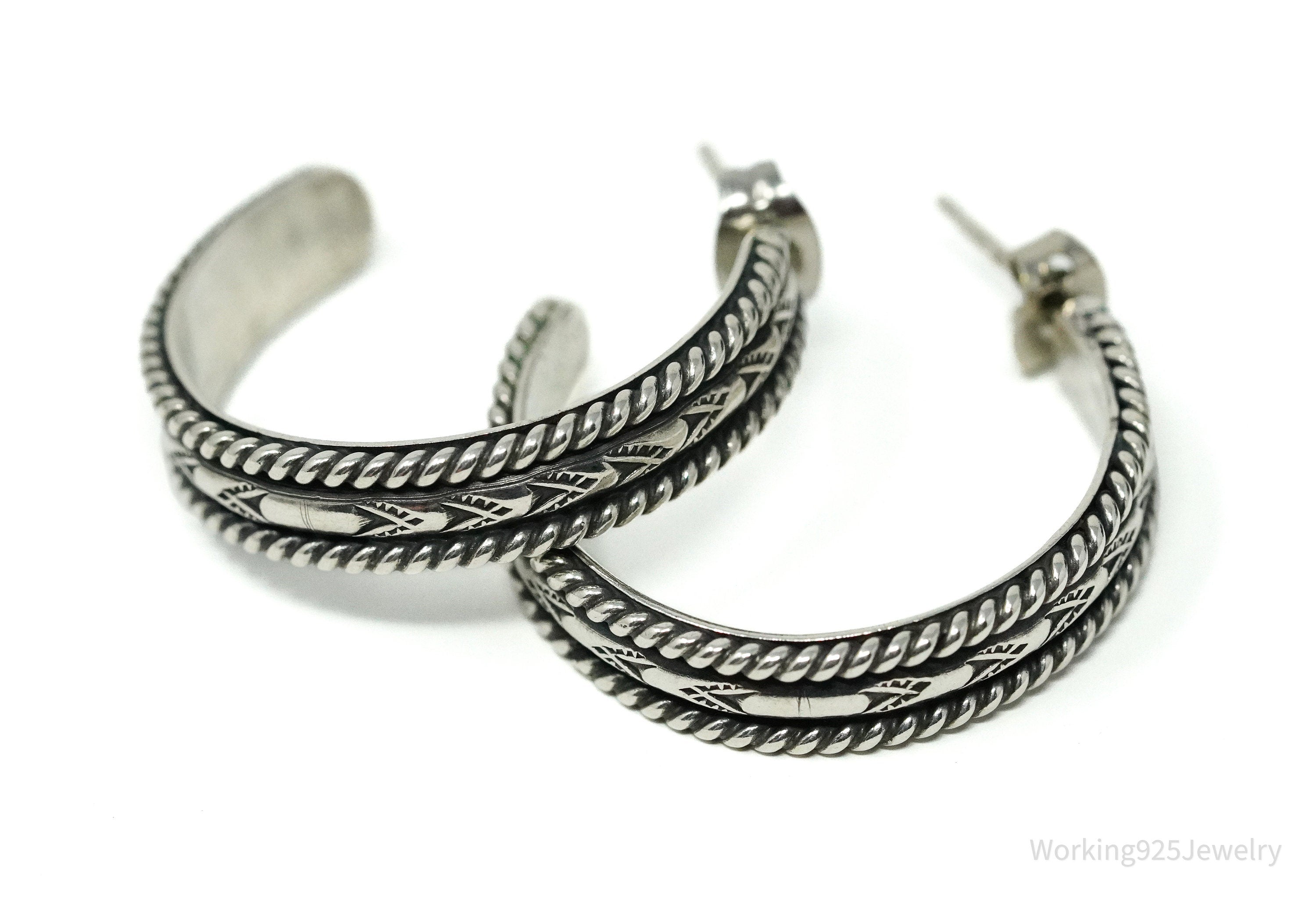 Vintage Native American Sterling Silver Half Hoop Earrings