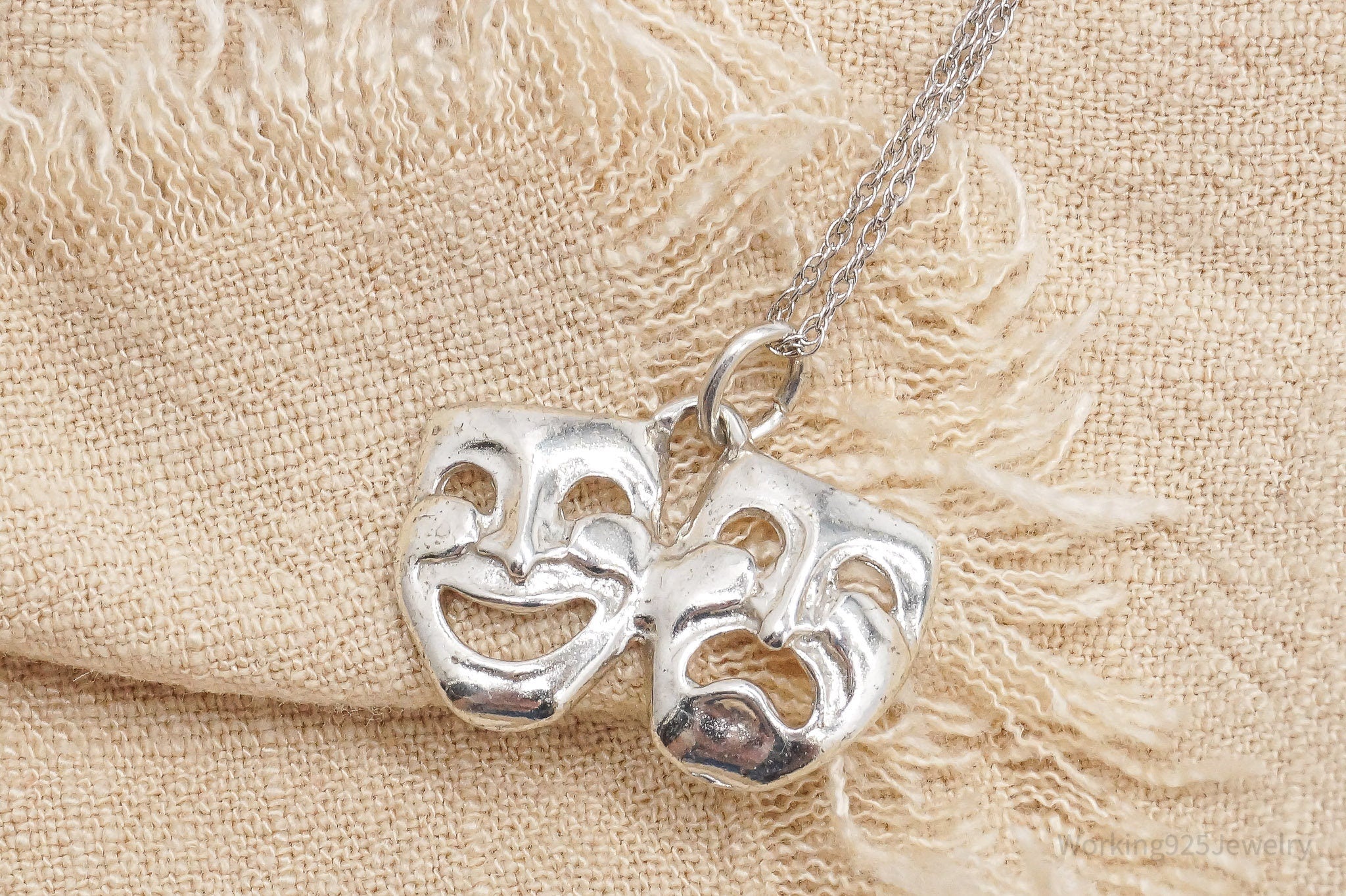 Vintage Tragedy Comedy Masks Sterling Silver Necklace 18"
