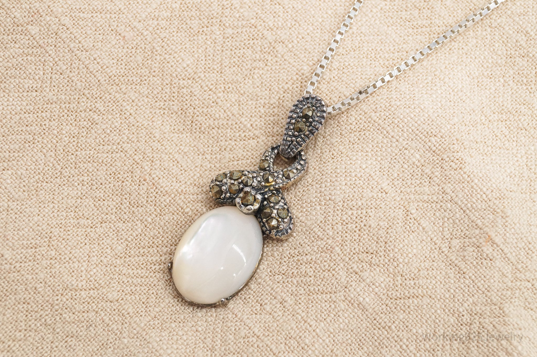 Vintage Ross Simons Mother Of Pearl & Marcasite Sterling Silver Necklace 24"