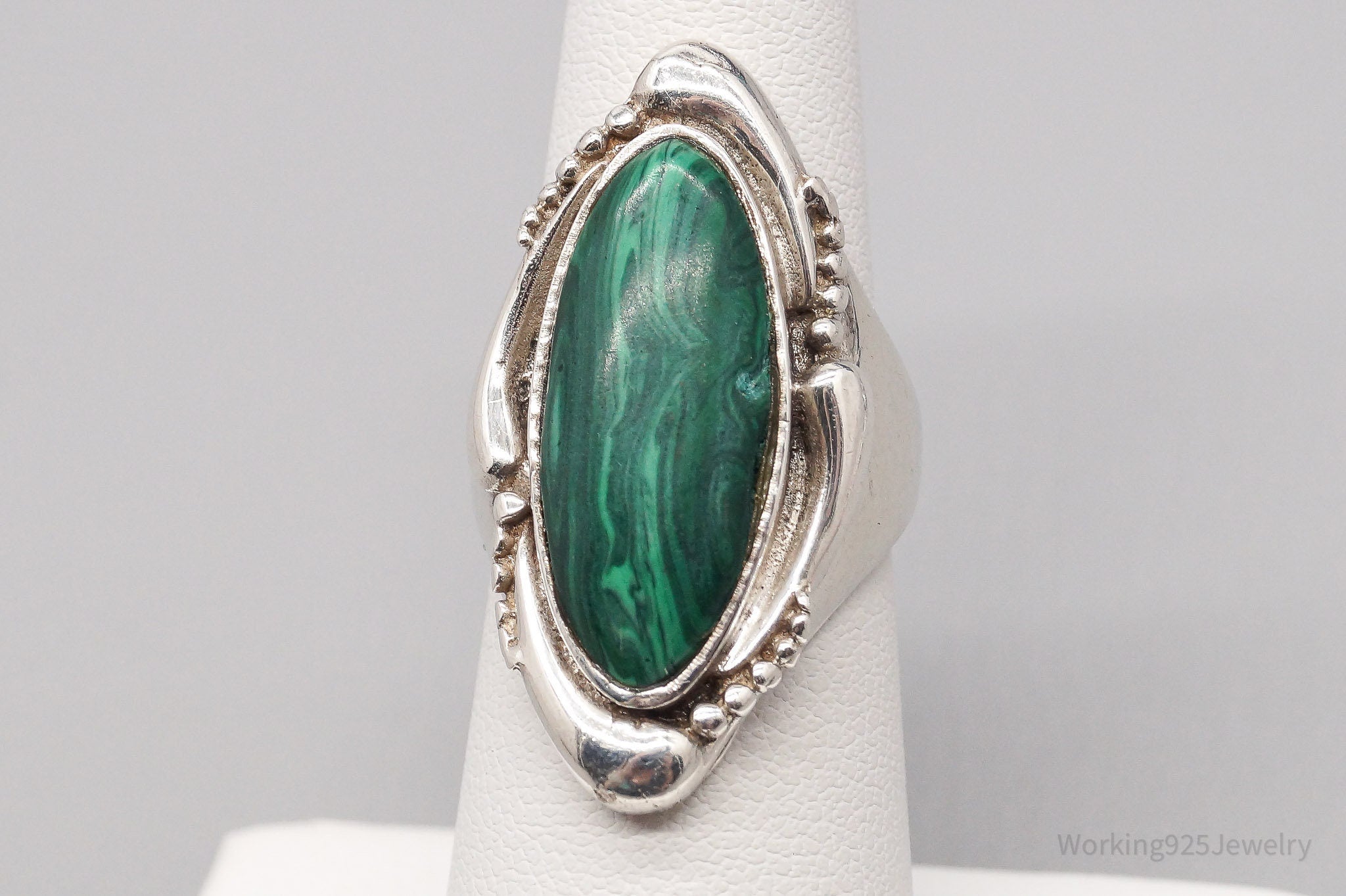 Vintage Malachite Sterling Silver Ring - Size 6.25