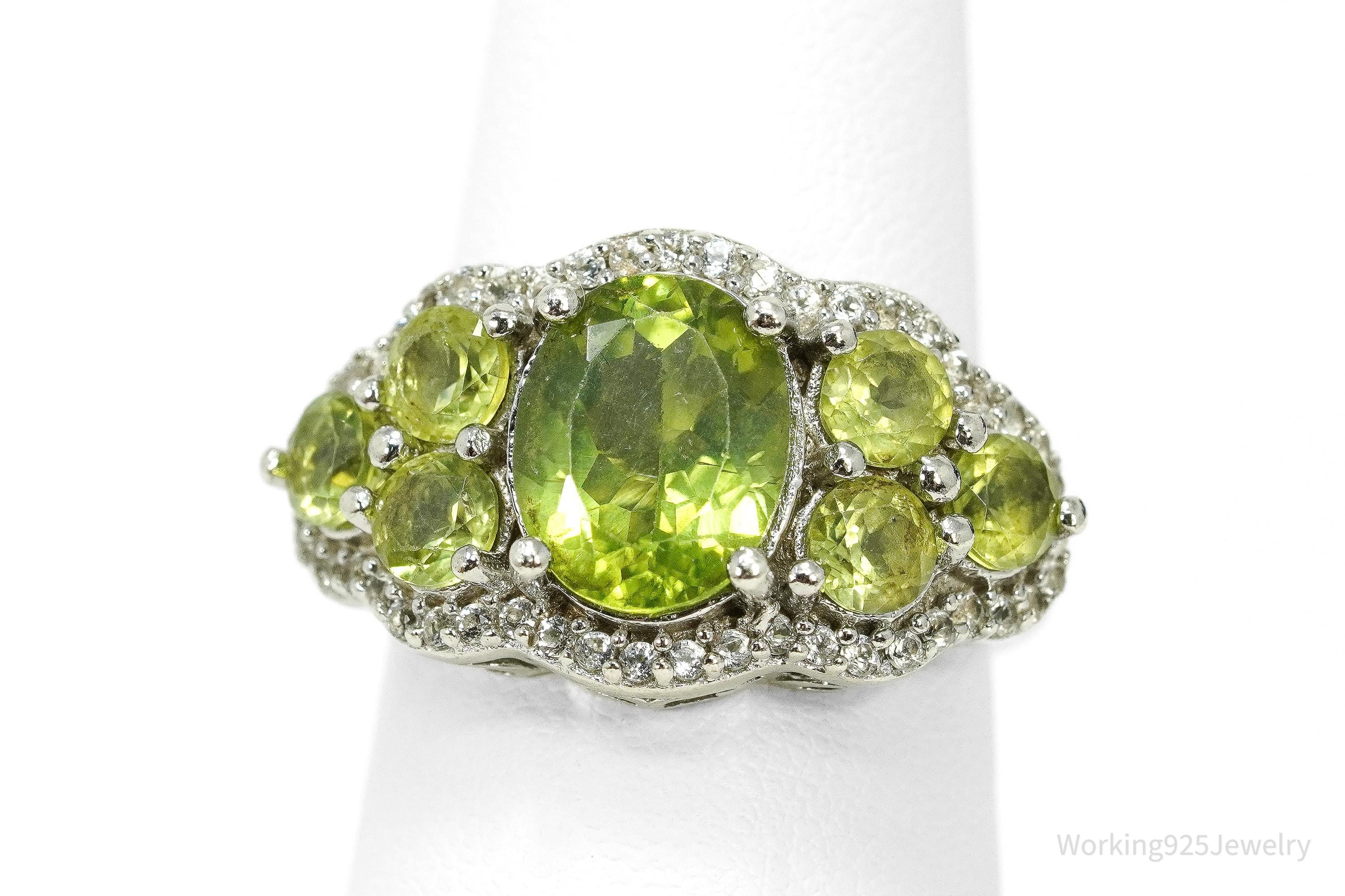 Green Peridot & White Zircon Rhodium Over Sterling Silver Ring - Size 7