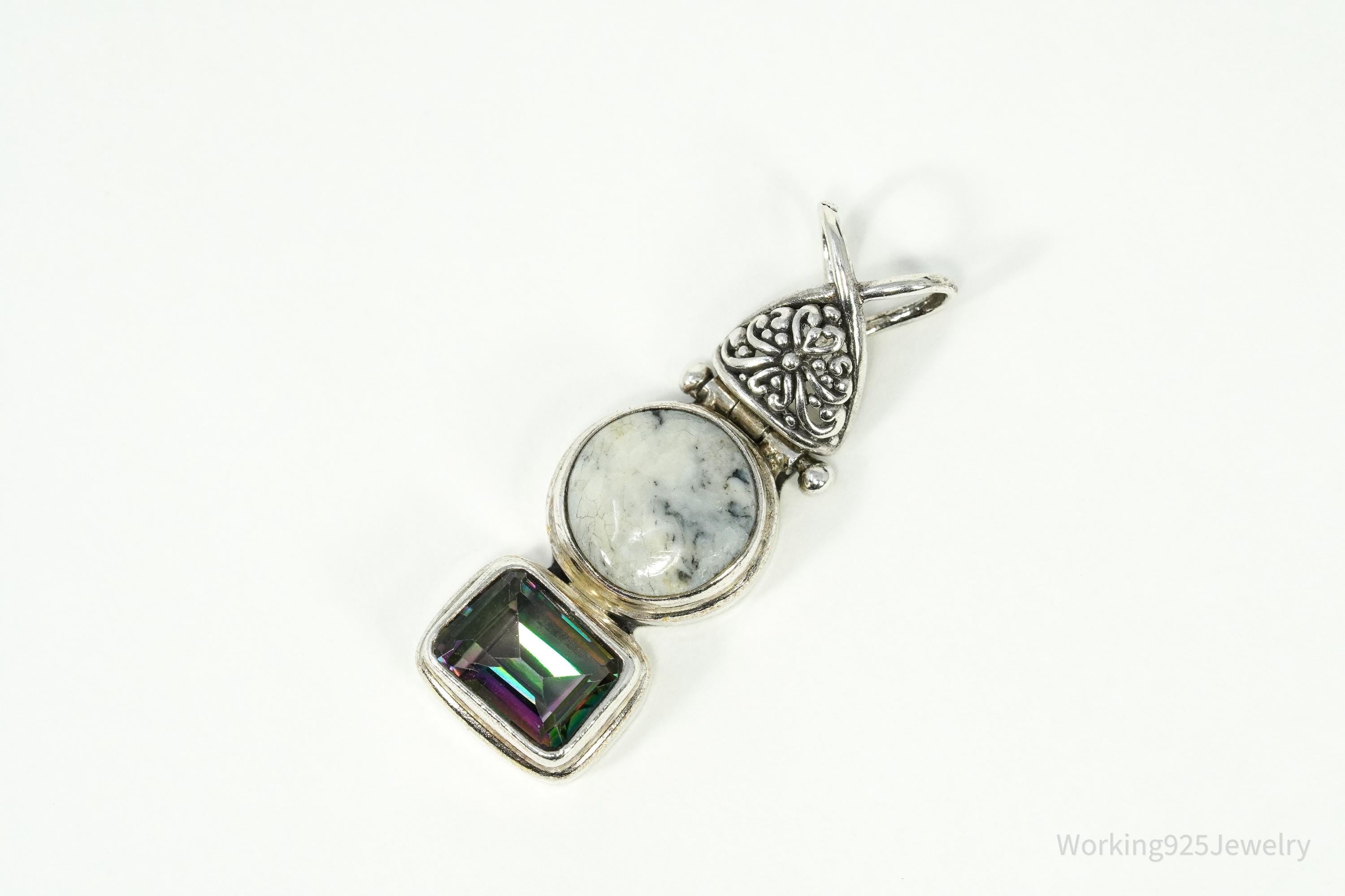 Vintage Bali Designer SARDA Mystic Topaz & Granite Sterling Silver Pendant 1 3/8"