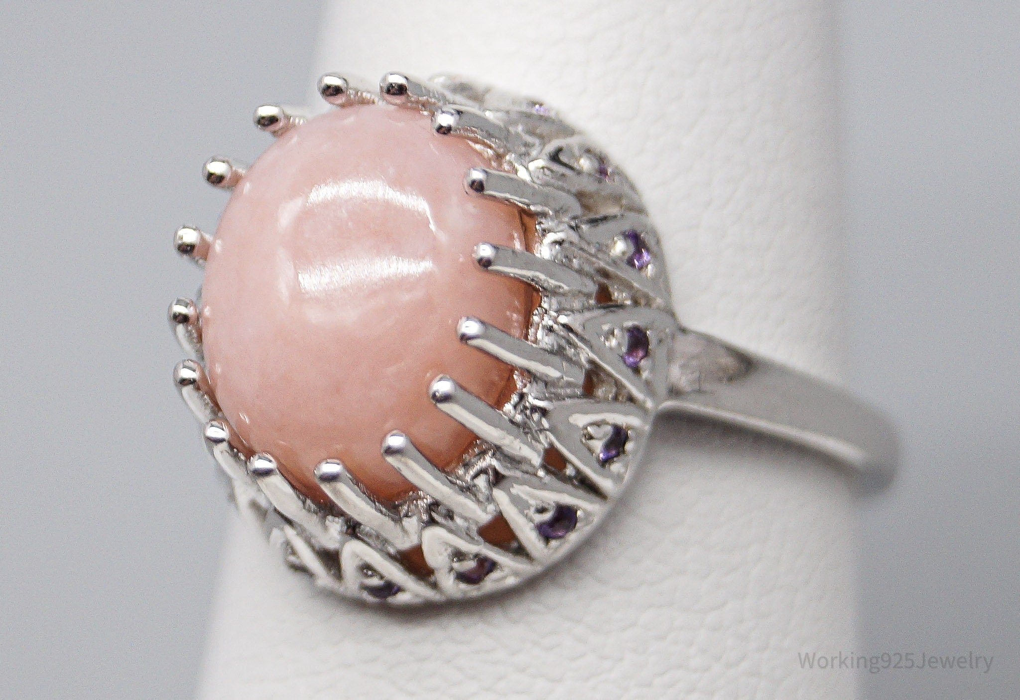 Vintage Pink Opal & Amethyst Sterling Silver Ring - Size 7