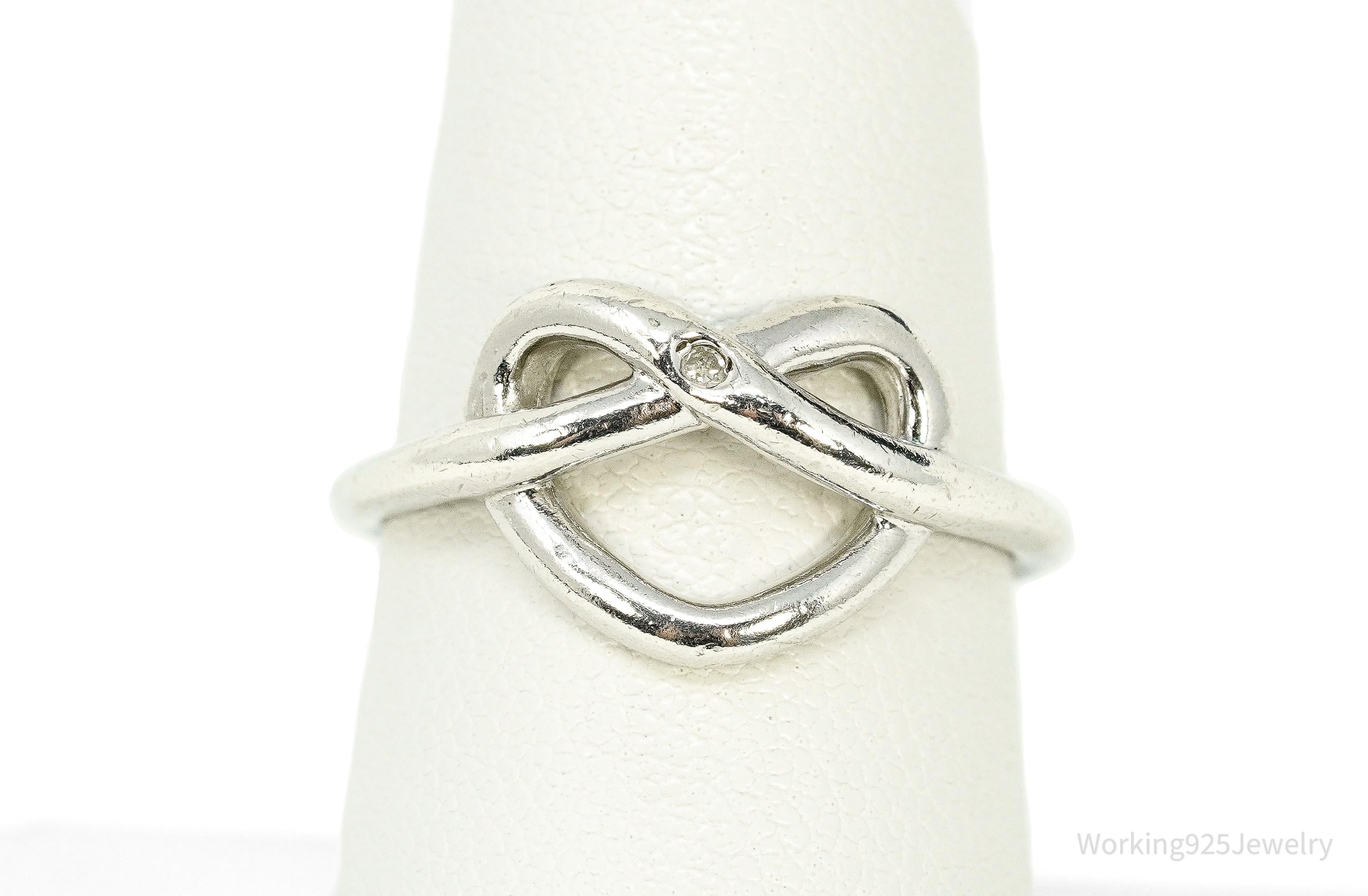 Vintage HDIA Single Diamond Heart Knot Sterling Silver Ring - Size 7.5