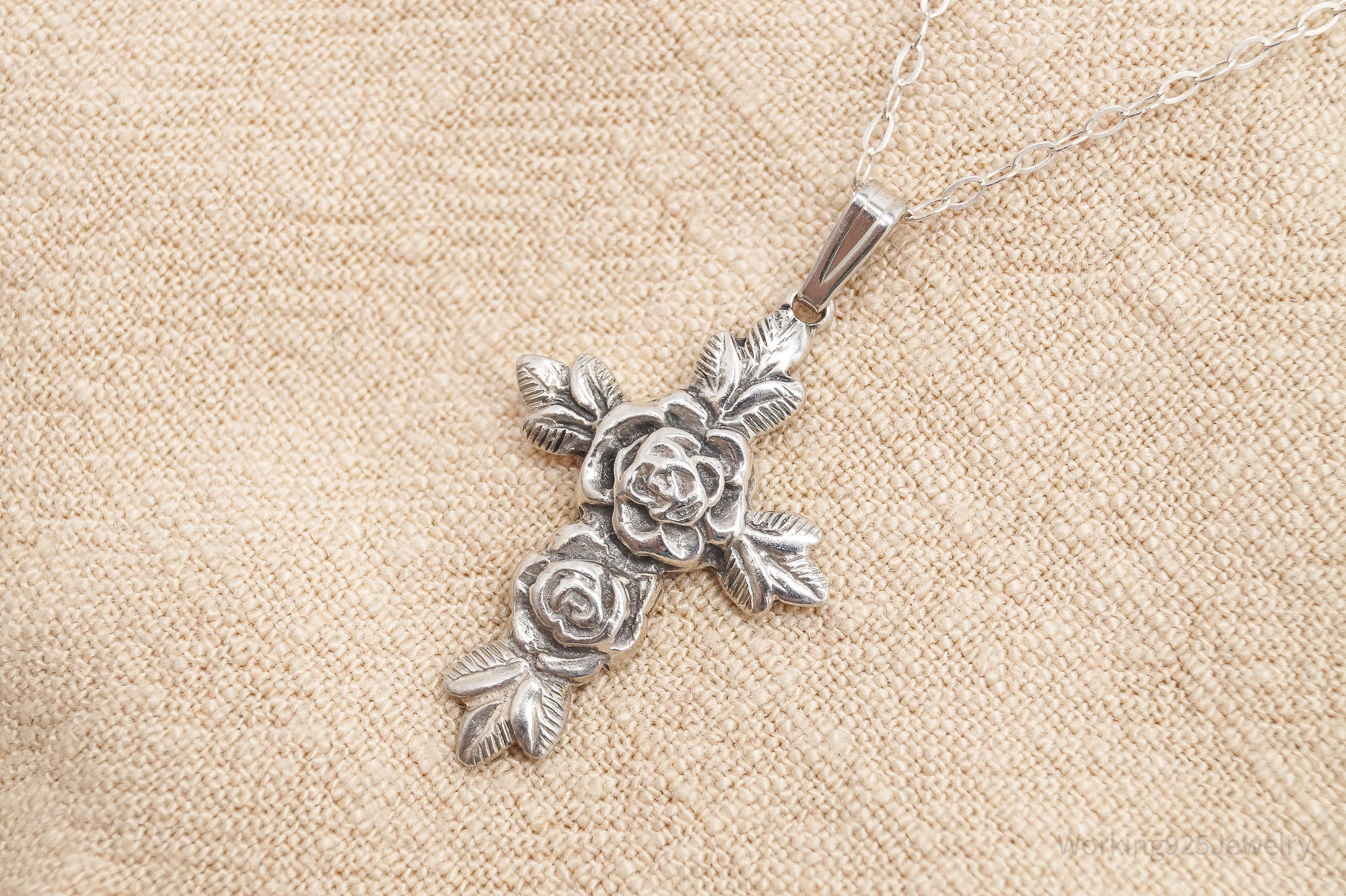 Vintage Rose Cross Sterling Silver Necklace 17"
