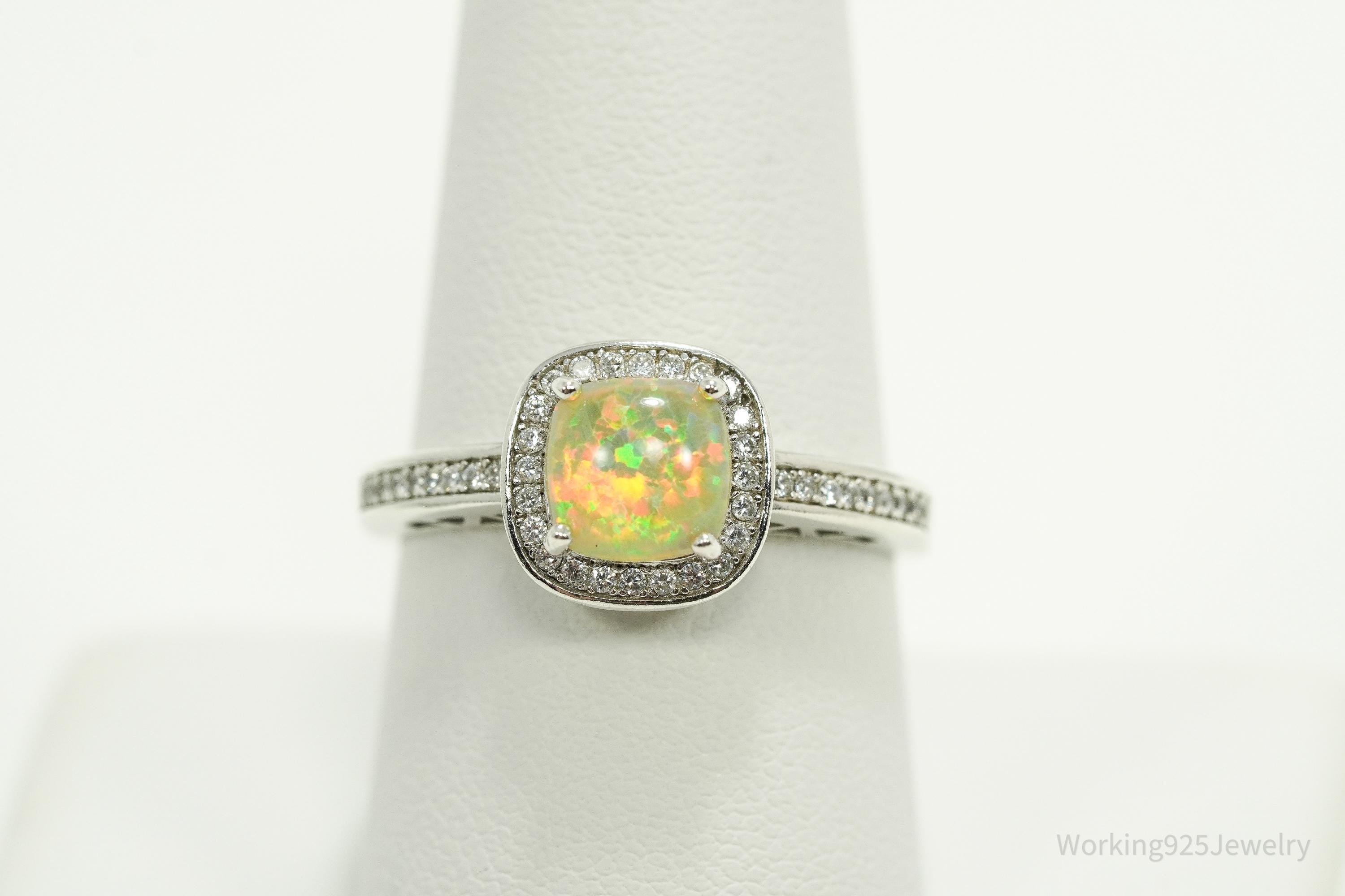Vintage Opal & Cubic Zirconia Silver Ring - Size 9.25