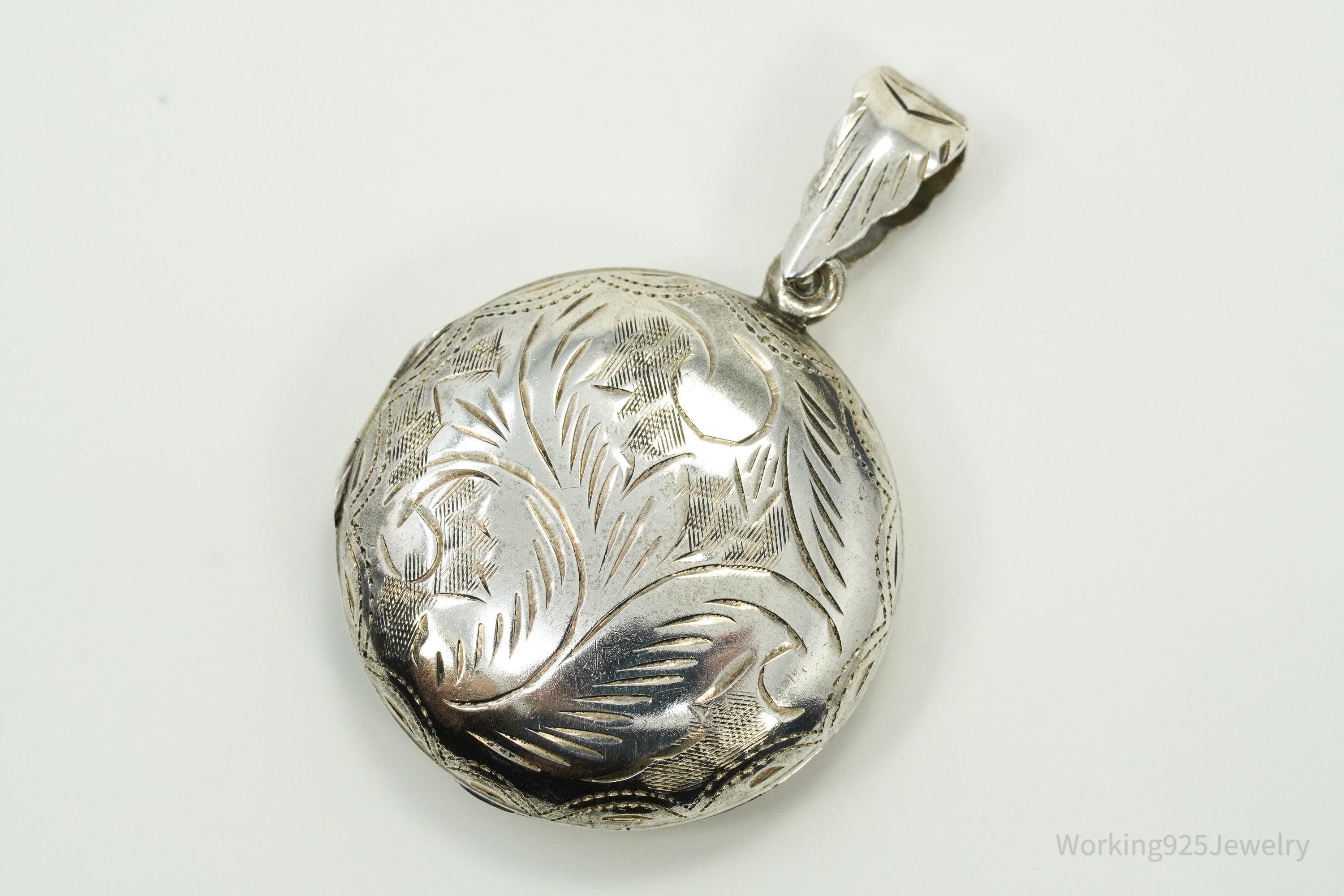 Vintage Round Etched Locket Sterling Silver Charm Pendant