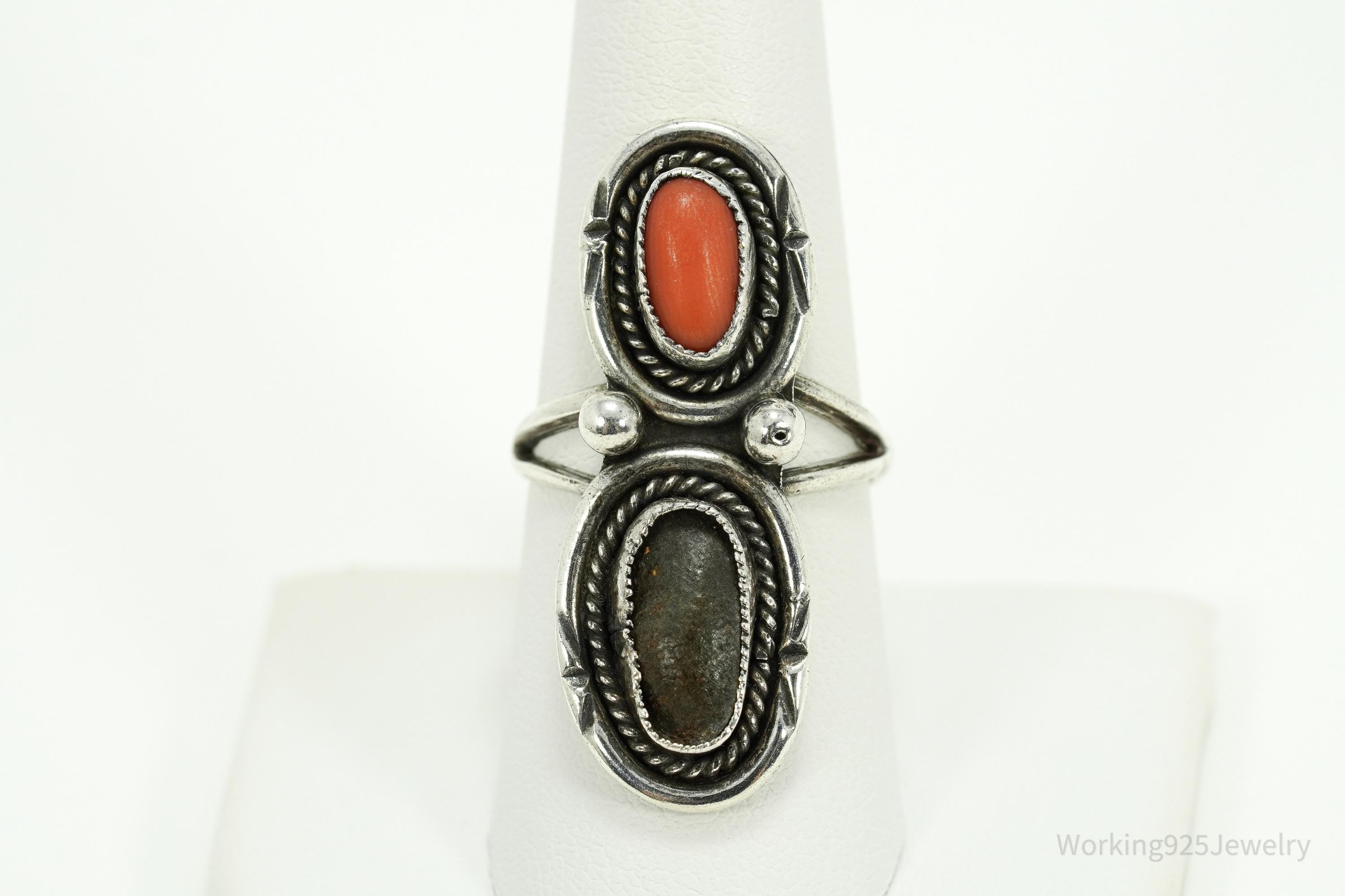 Vintage Native American Turquoise & Coral Silver Ring Size 8.25