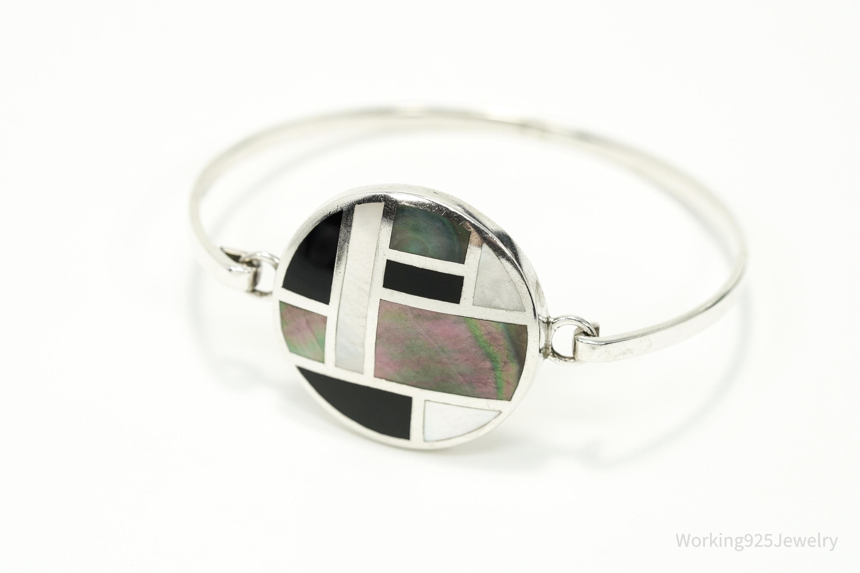 Vintage Black Onyx Mother Of Pearl Paua Shell Sterling Silver Bracelet 6.75"