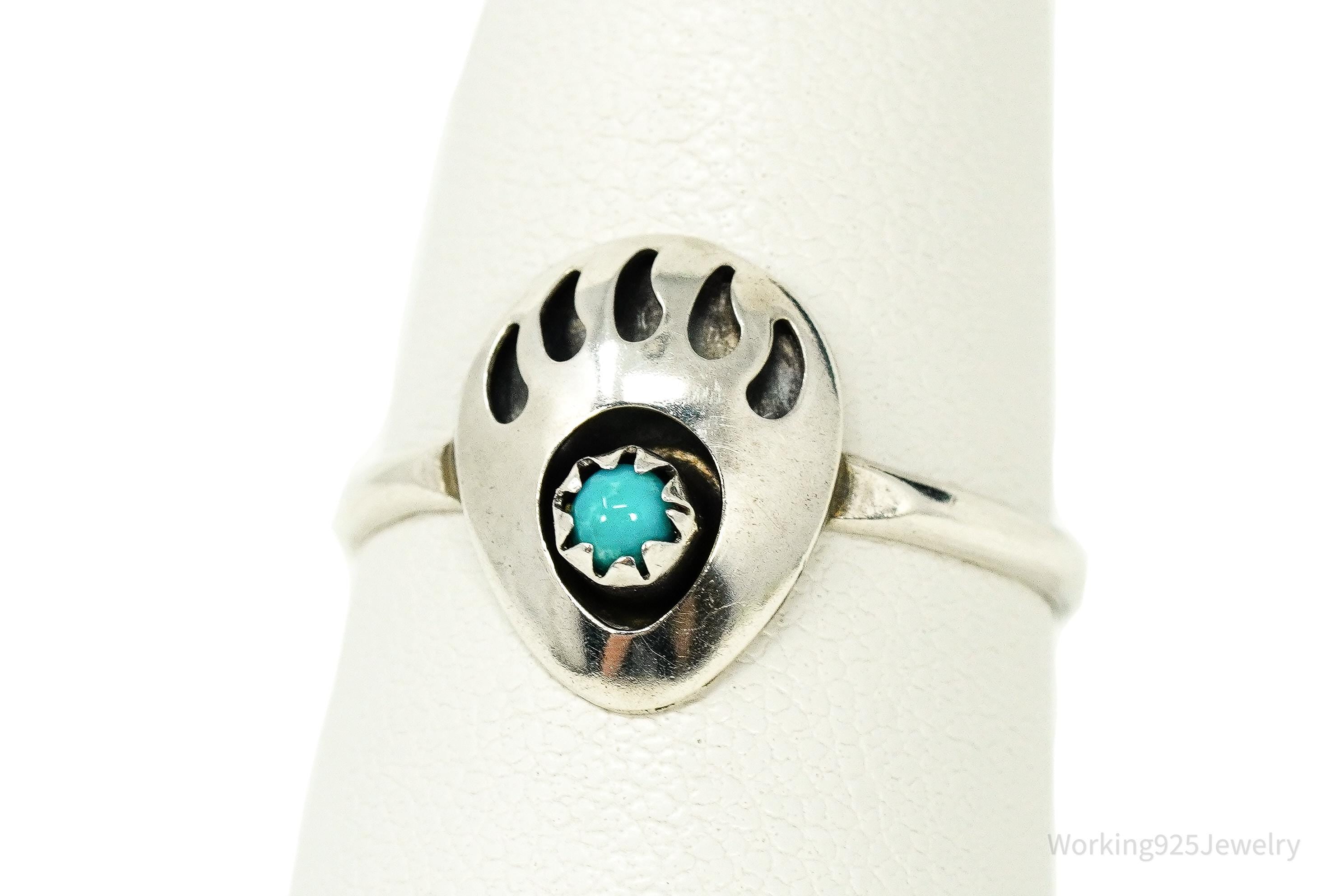 Vintage Handmade Native American Bear Paw Turquoise Silver Ring - Size 8