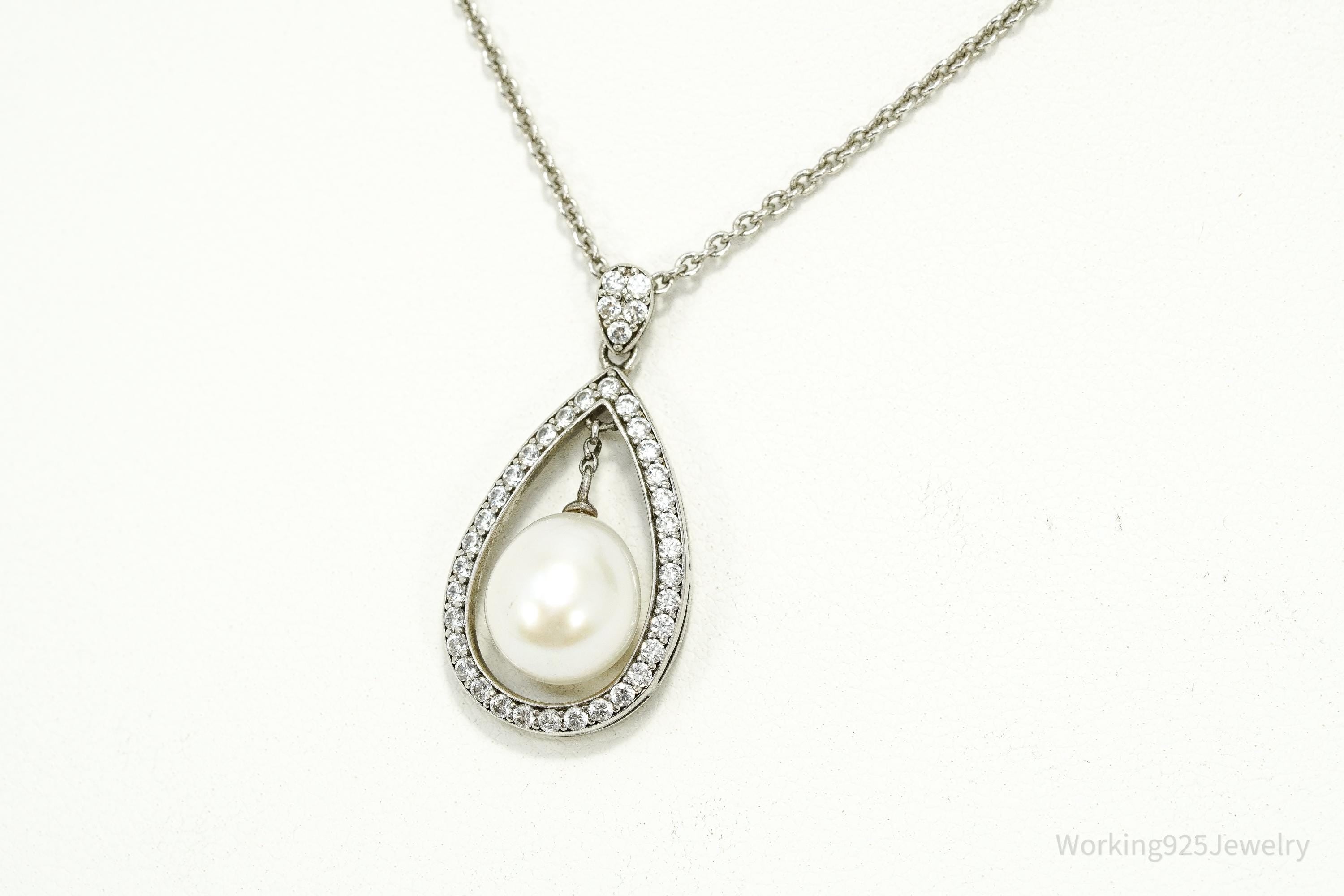 Vintage Pearl & Cubic Zirconia Sterling Silver Necklace 17"