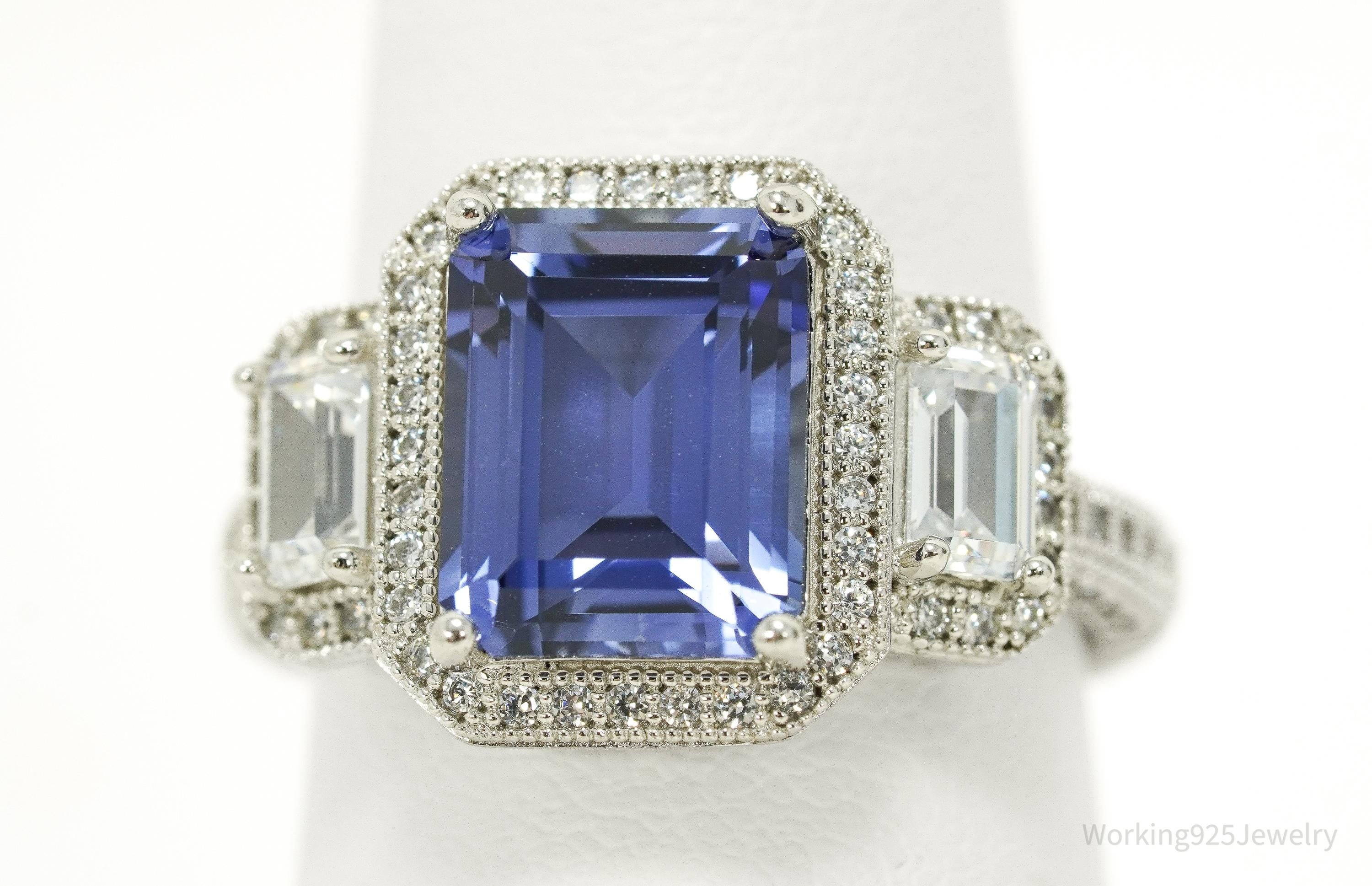 Blue Lab Sapphire & White Cubic Zirconia Sterling Silver Ring - Size 7.25