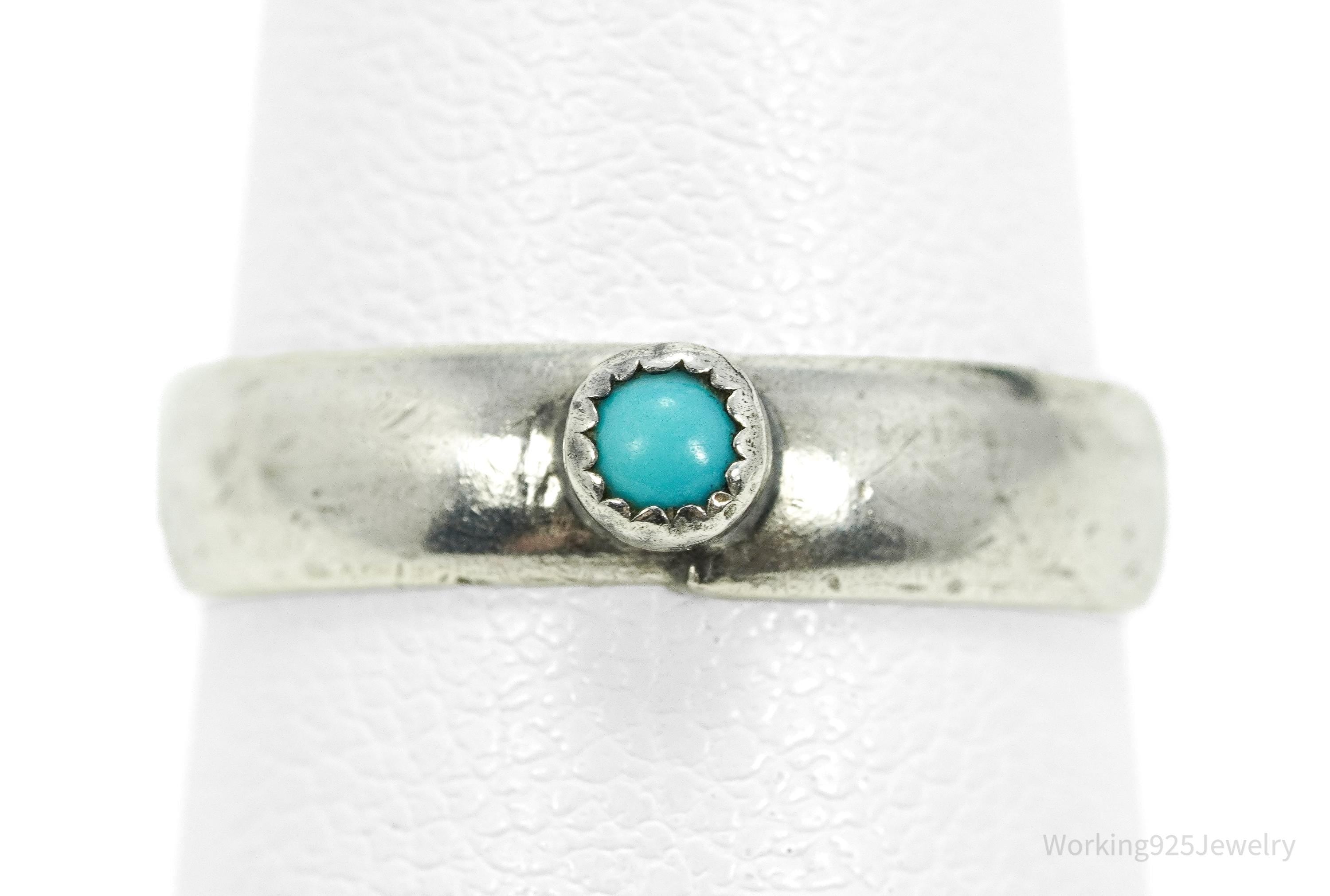 Vintage Native American Turquoise Silver Band Ring - Size 6