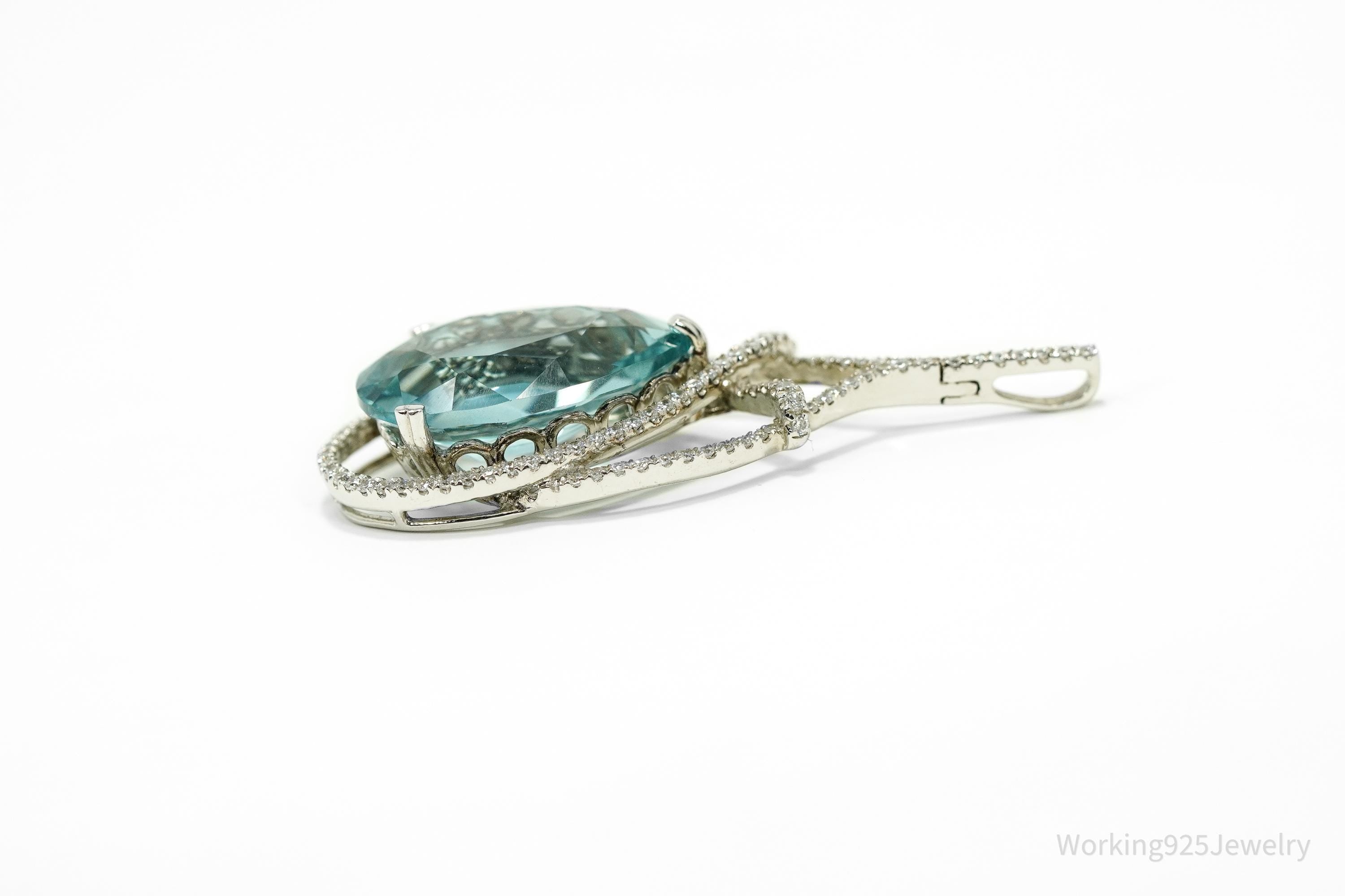 STAUER Large Blue Topaz & White Zircon Sterling Silver Pendant