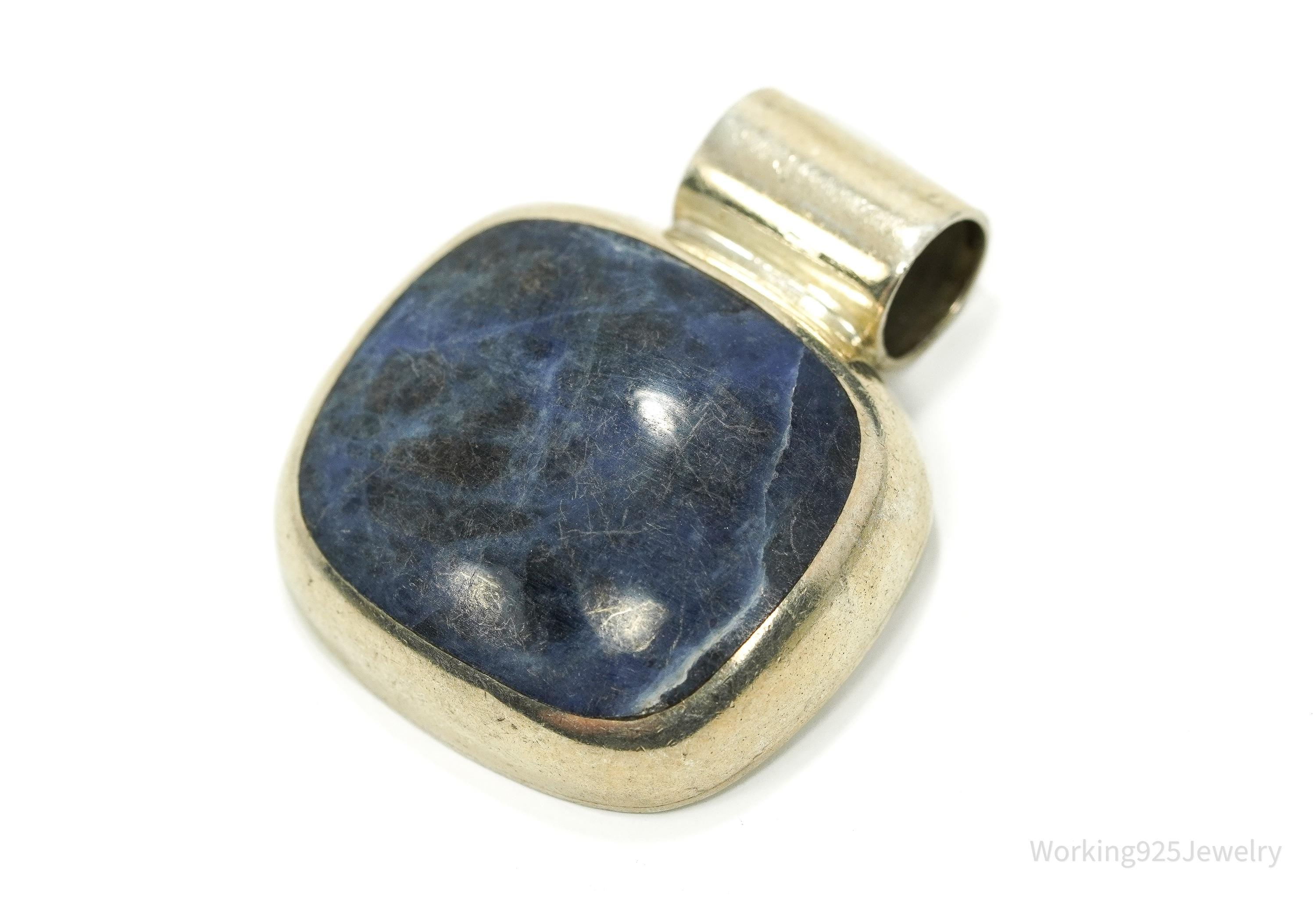 Vintage Large Mexico Modernist Style Sodalite Sterling Silver Pendant 1 9/16"