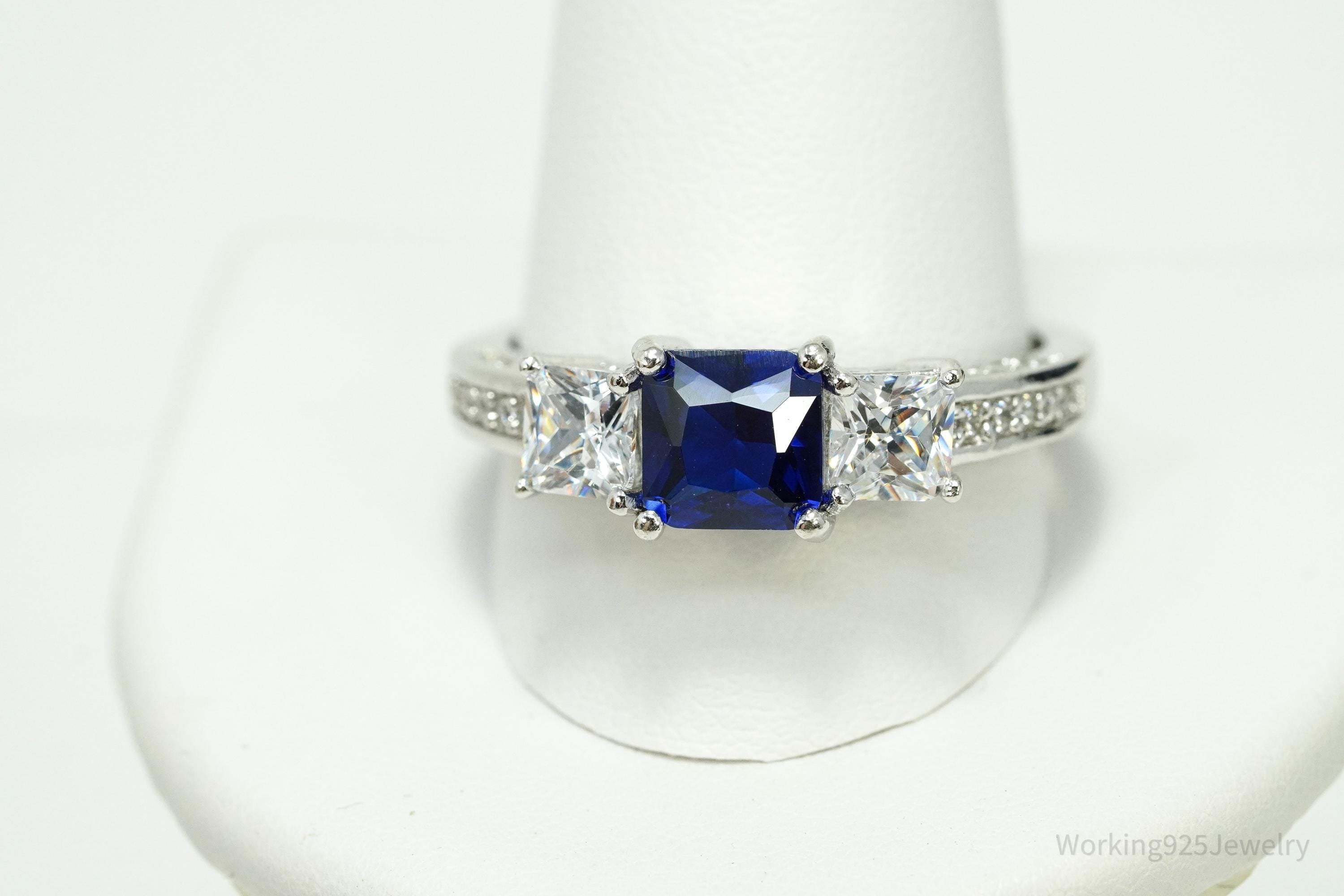 Vintage Lab Sapphire & Cubic Zirconia Sterling Silver Ring - Size 12.25
