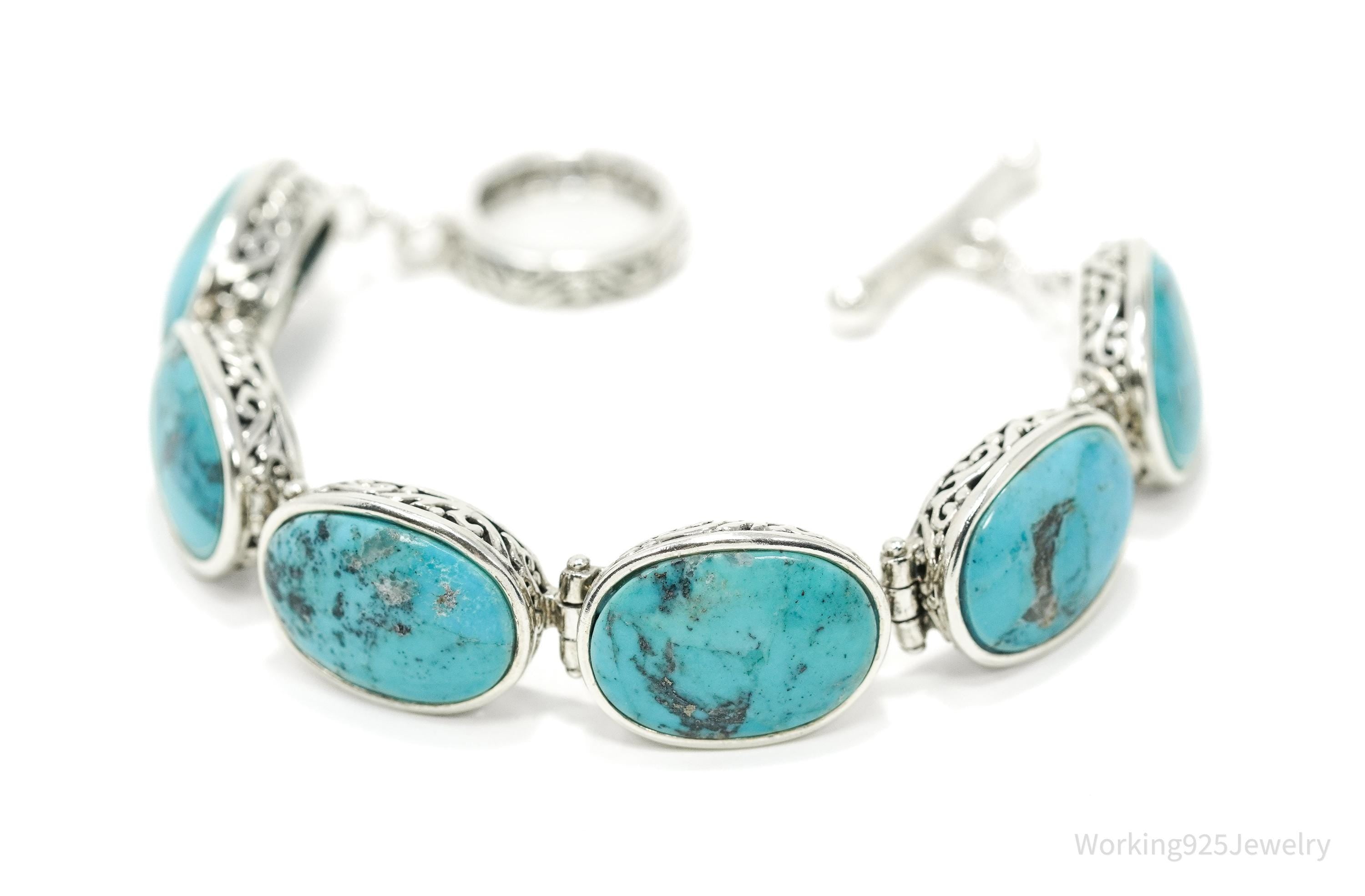 Vintage NK Big Blue Turquoise Sterling Silver Southwestern Toggle Bracelet 7.5"