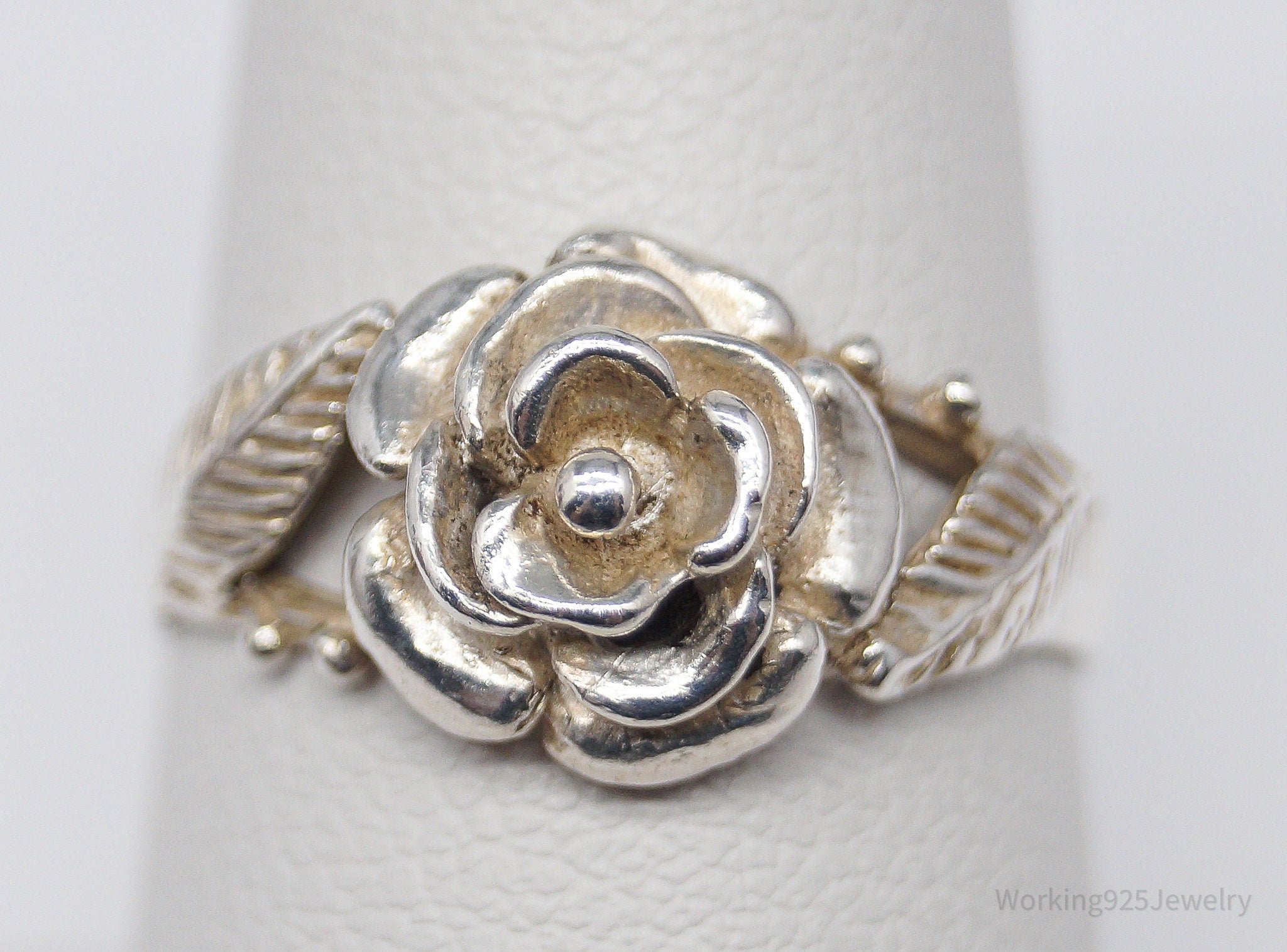 Vintage Rose Flower Sterling Silver Ring - Size 7.75
