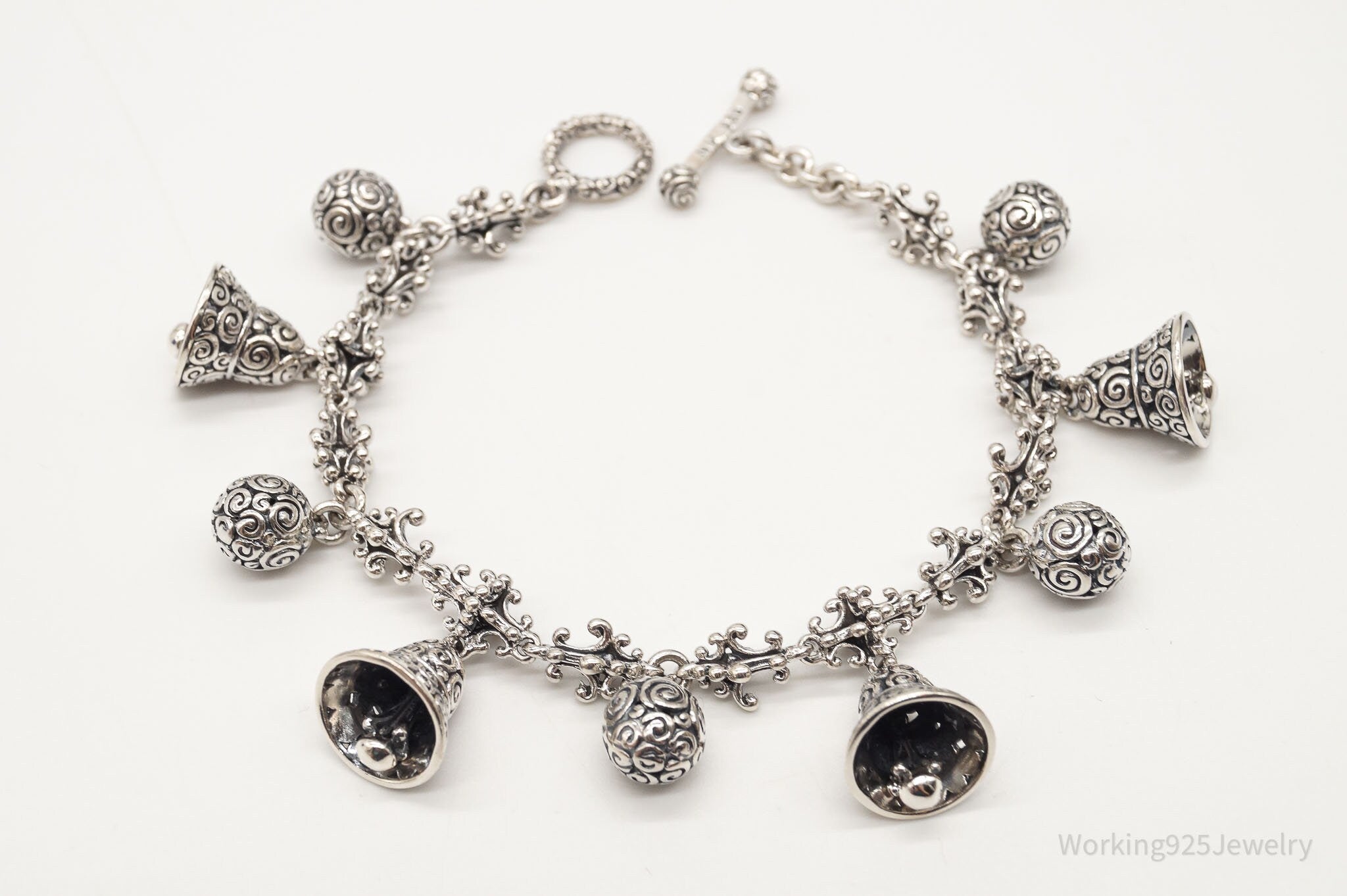 Vintage Designer "Borobudur Bell" Sterling Silver Bell Charms Bracelet