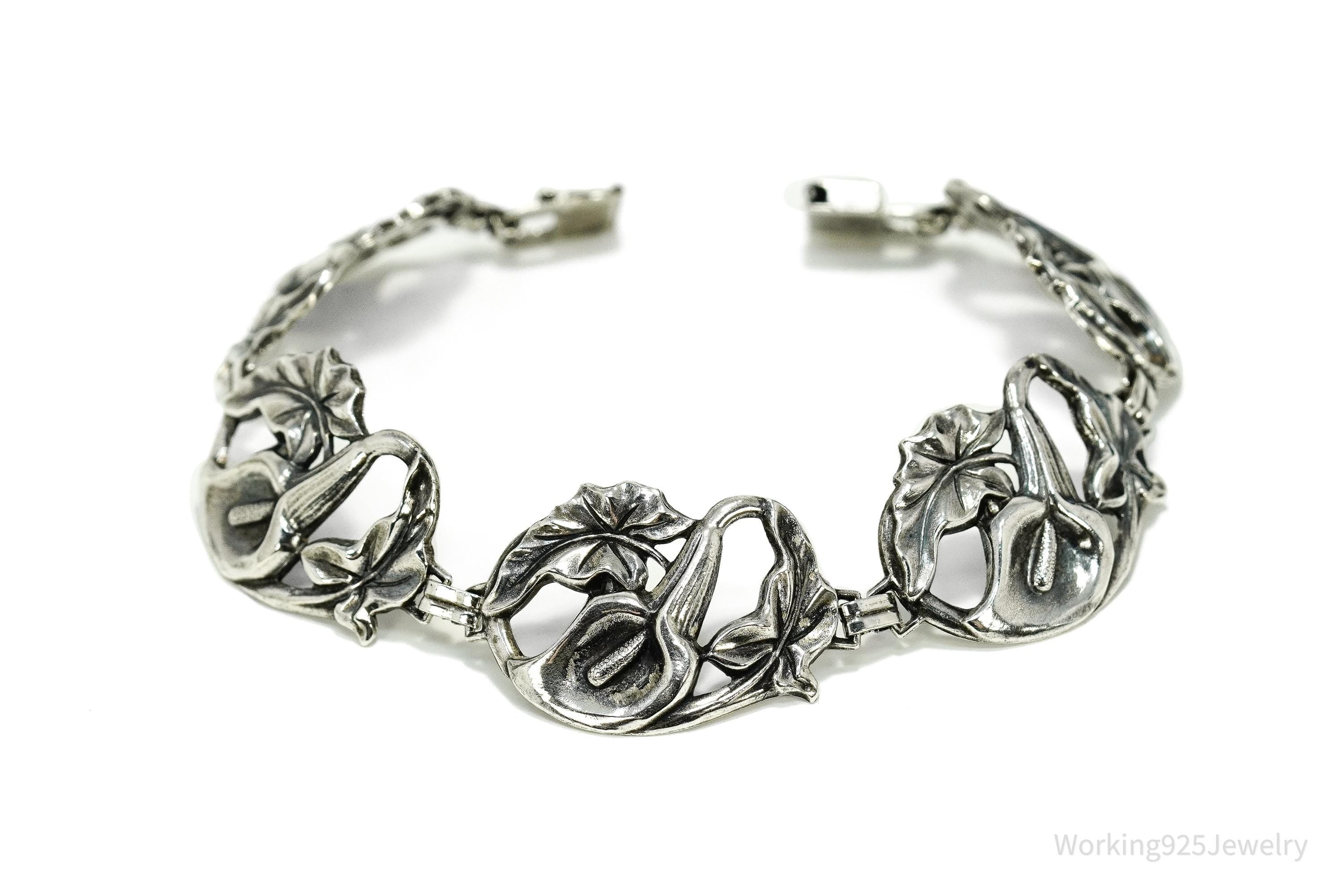 Antique Calla Lilly Floral Sterling Silver Bracelet 7 7/8"