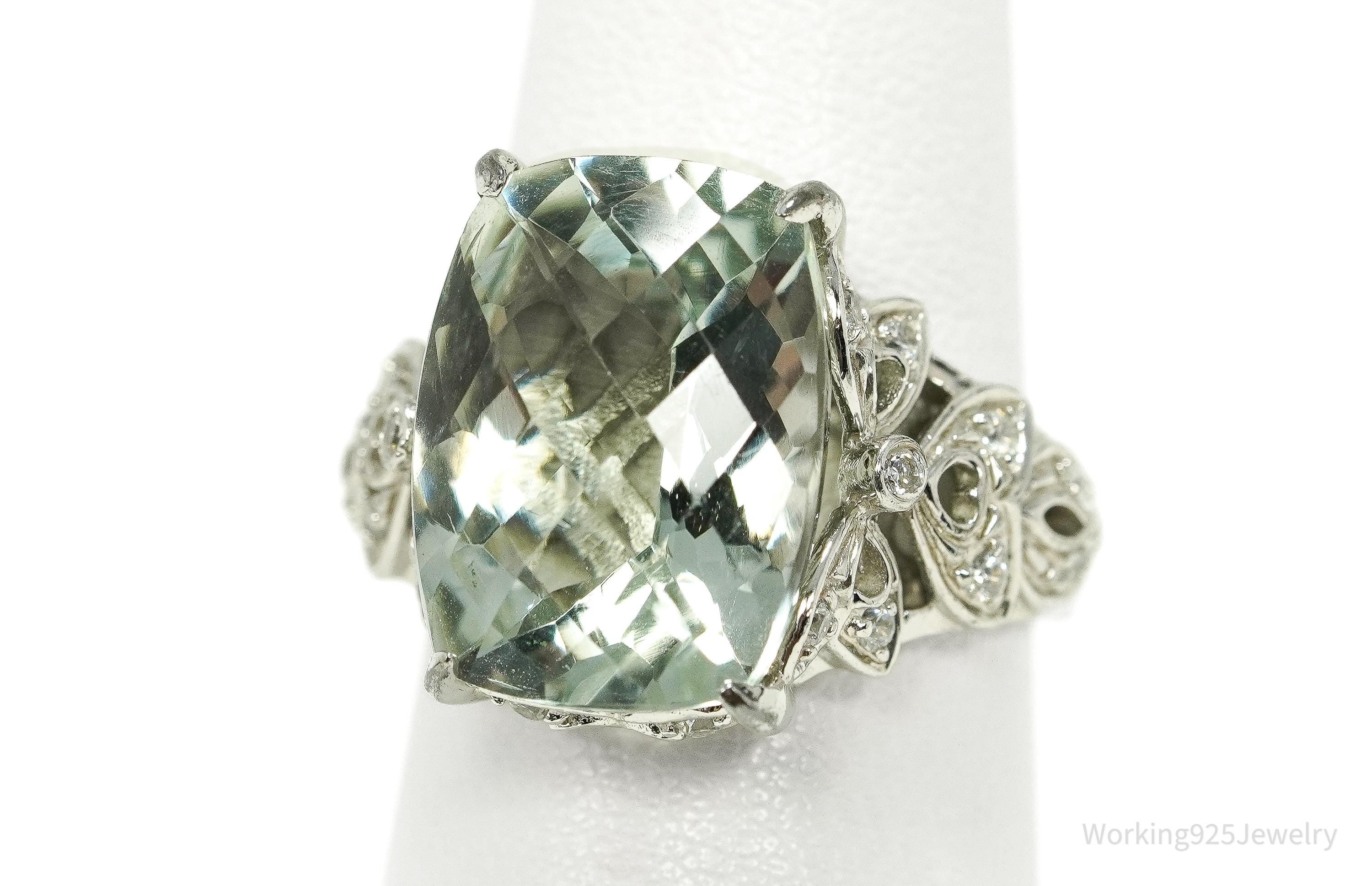 Vintage Prasiolite & Cubic Zirconia Sterling Silver Ring - Size 7.25