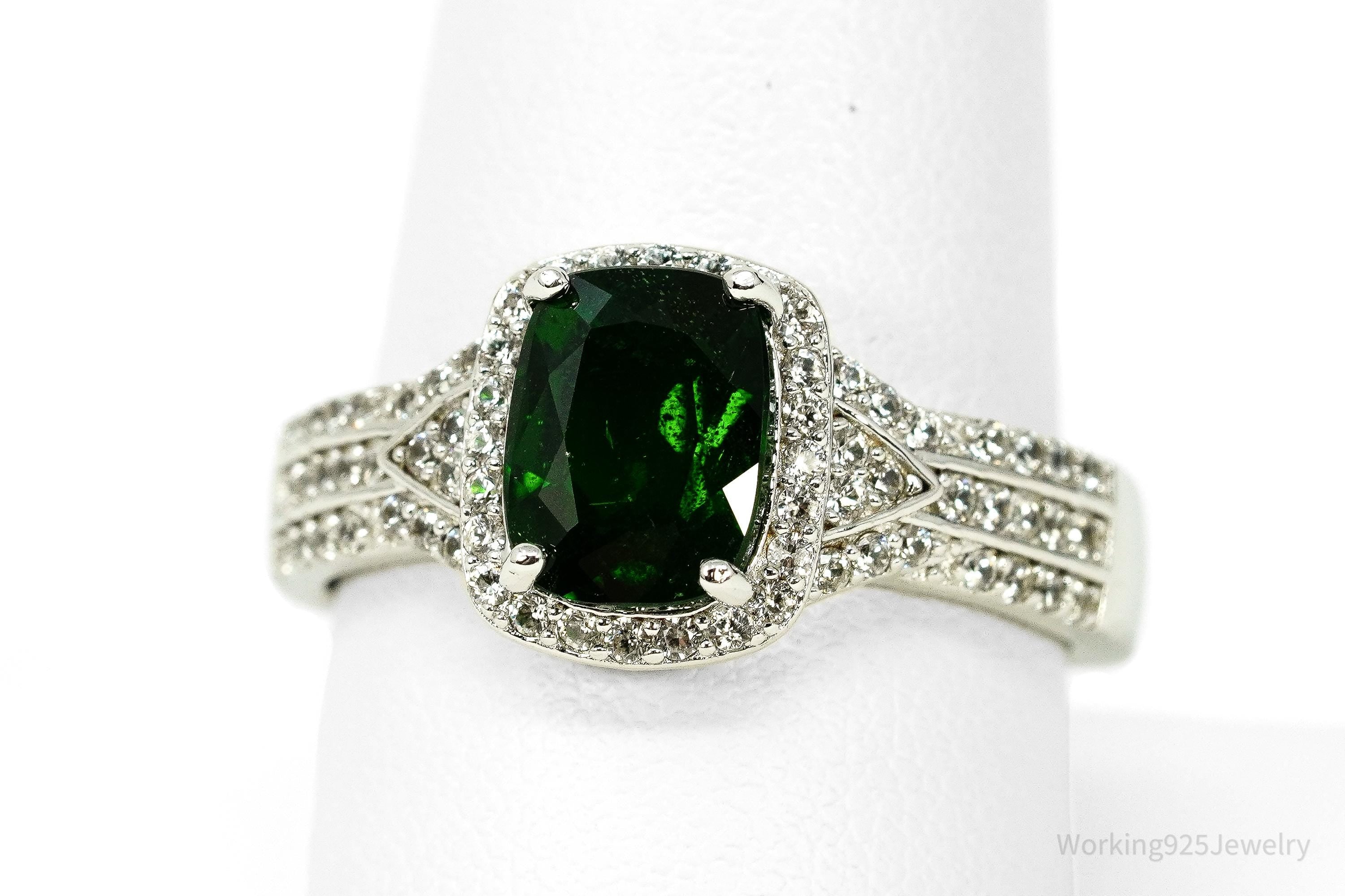 Vintage Emerald & White Topaz Sterling Silver Ring - Size 9.75