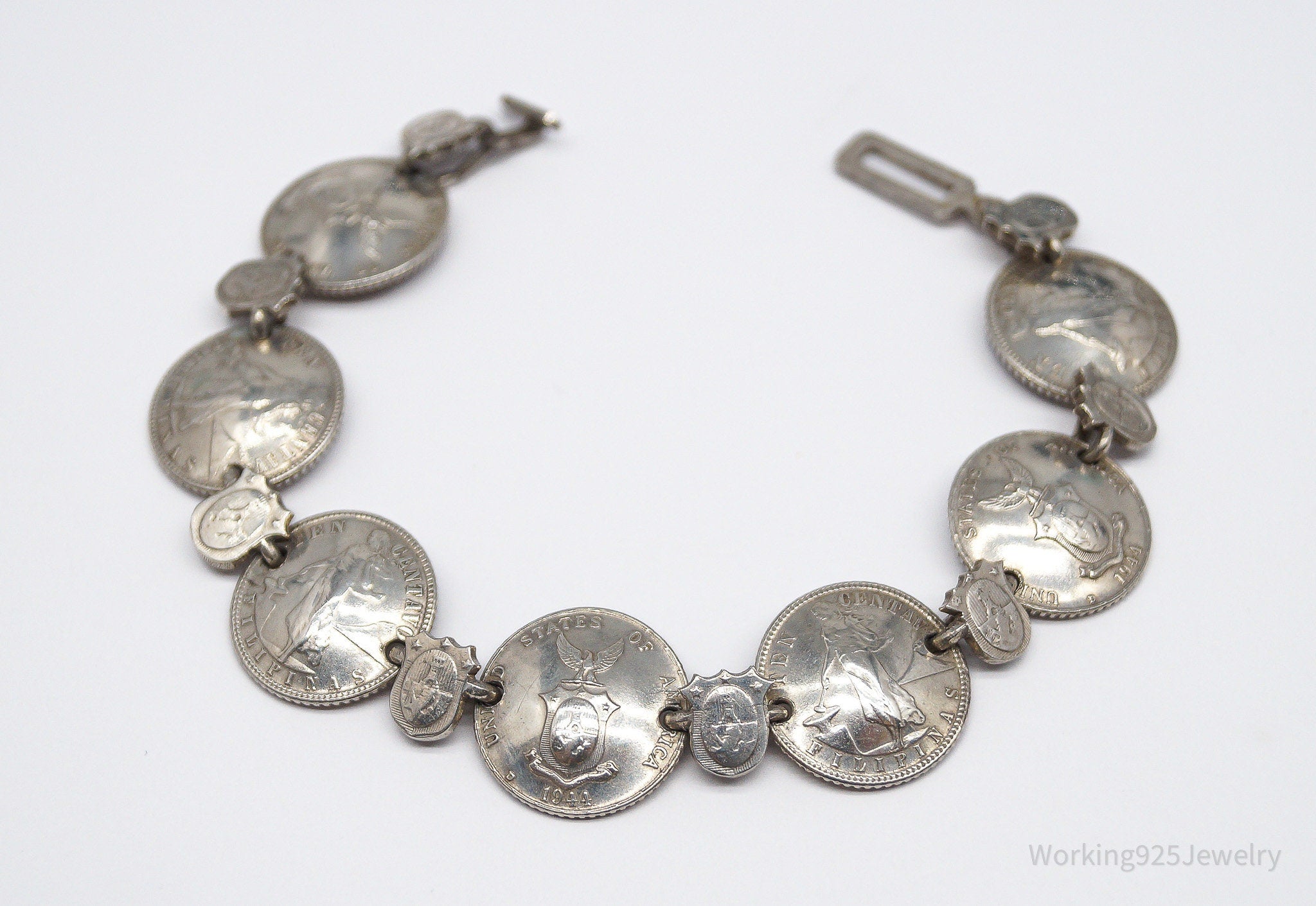 Vintage 1944 Philippines Centavos Silver Bracelet - 7 1/8"