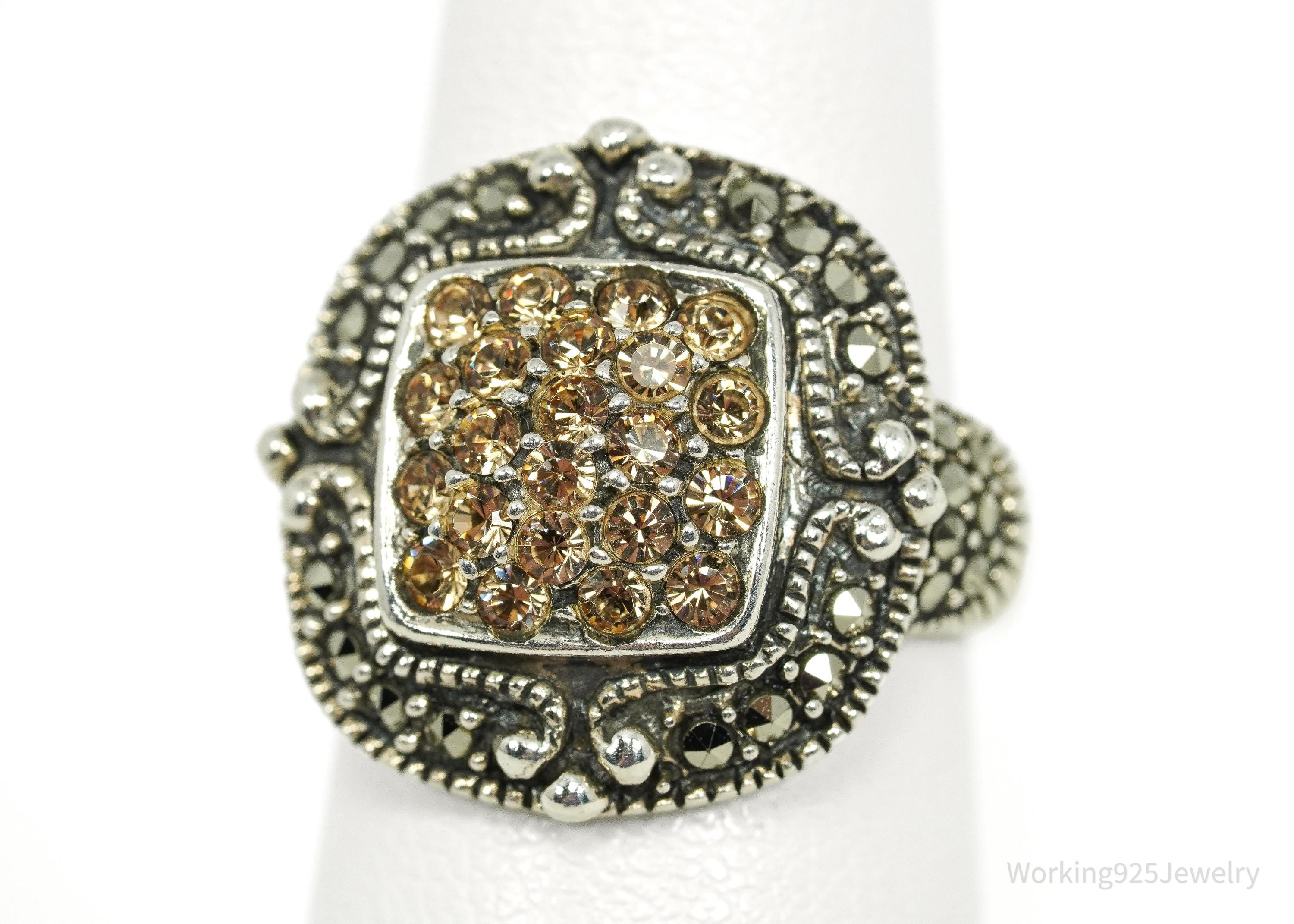 Vintage Marcasite & Crystal Sterling Silver Ring - Size 5.75