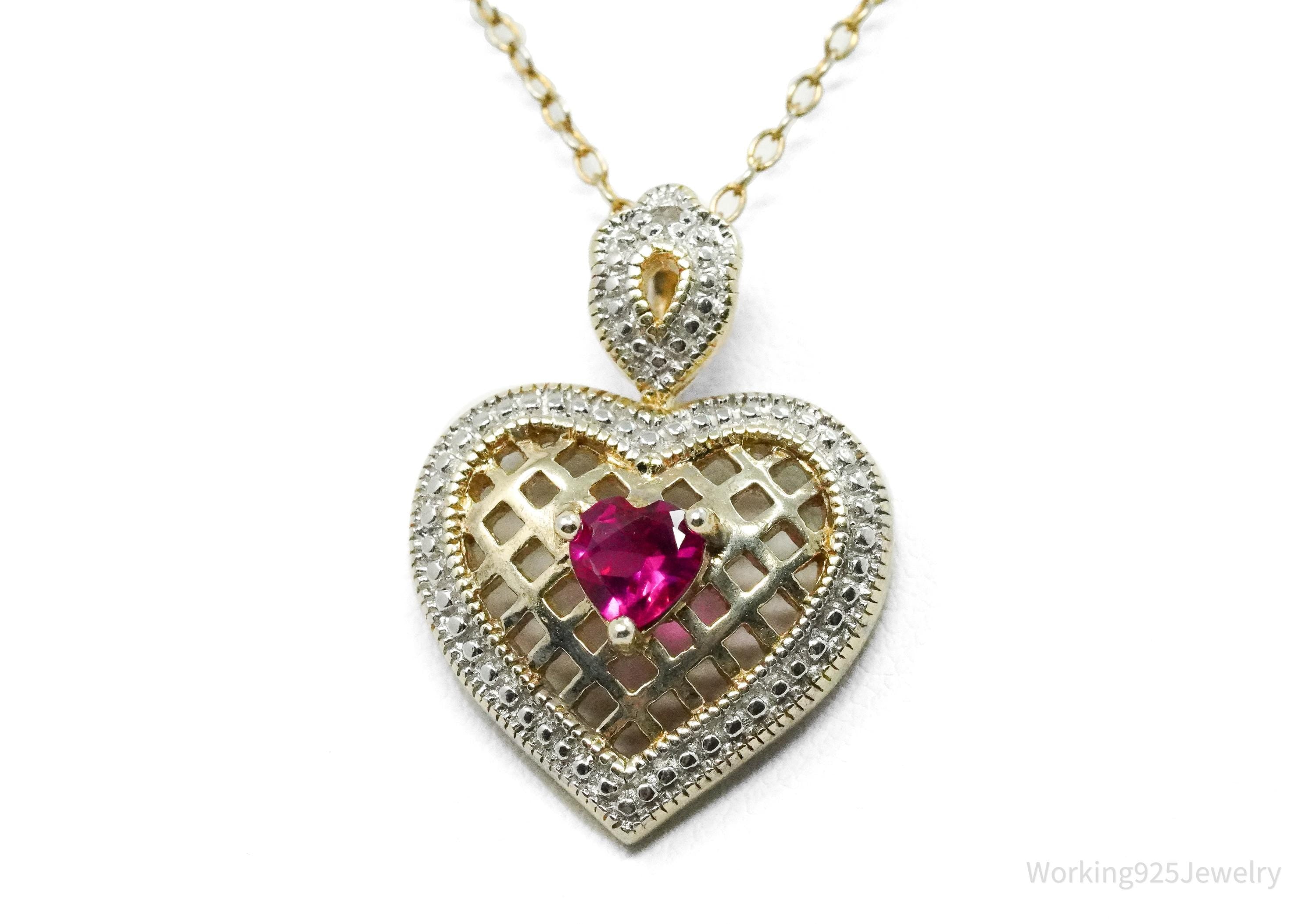 Vintage Ruby & Diamond Gold Over Sterling Silver Heart Necklace 18"