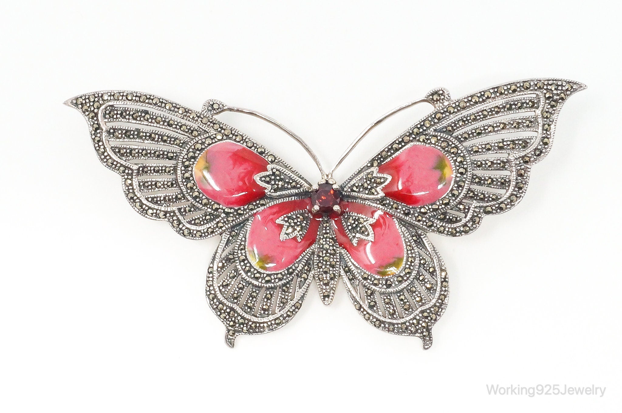 Big Vintage Garnet Marcasite Enamel Butterfly Sterling Brooch Pin – Working  925 Jewelry